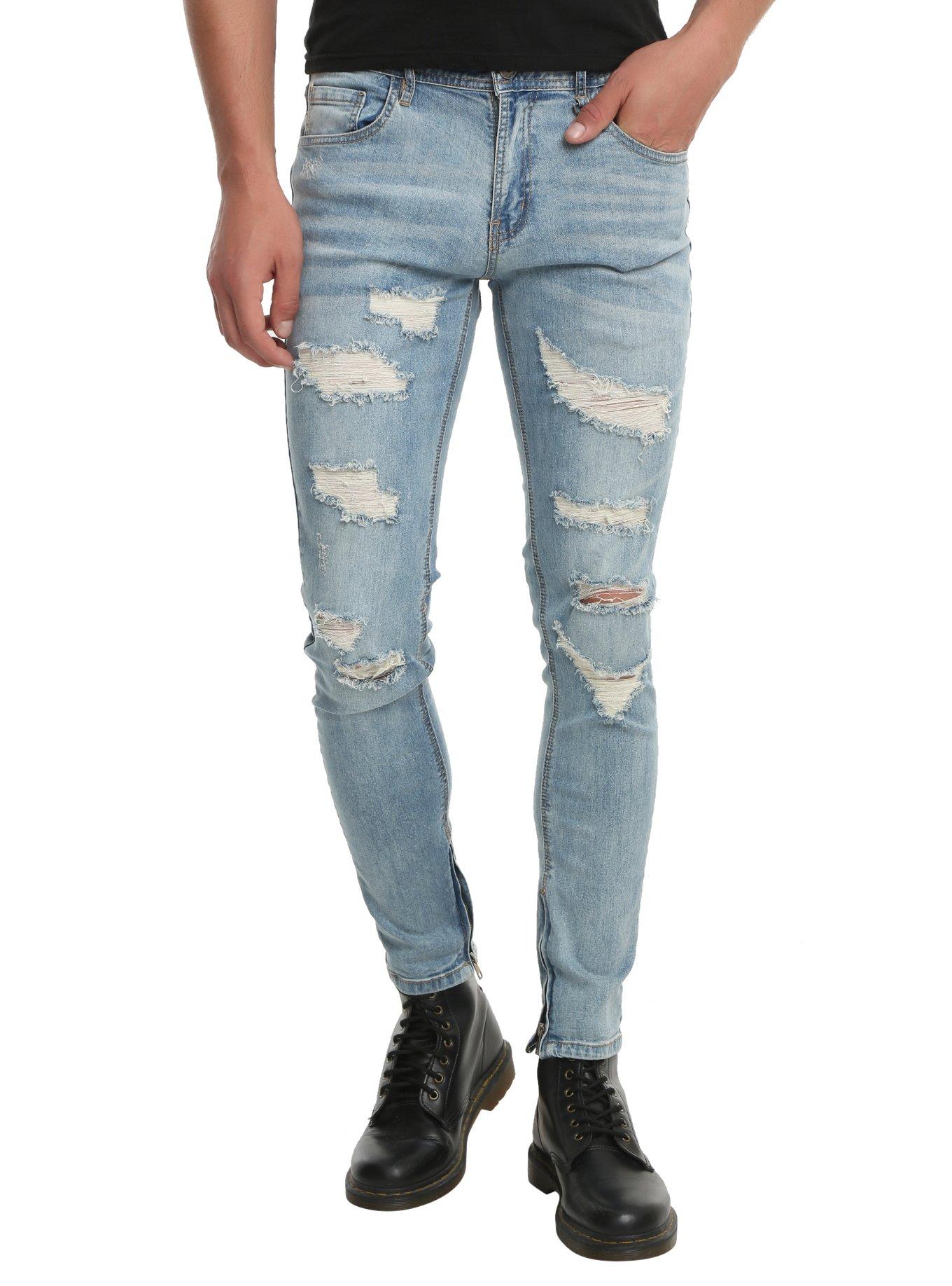 Indigo 32 Inch Destructed Zipper Skinny Jeans Hot Topic