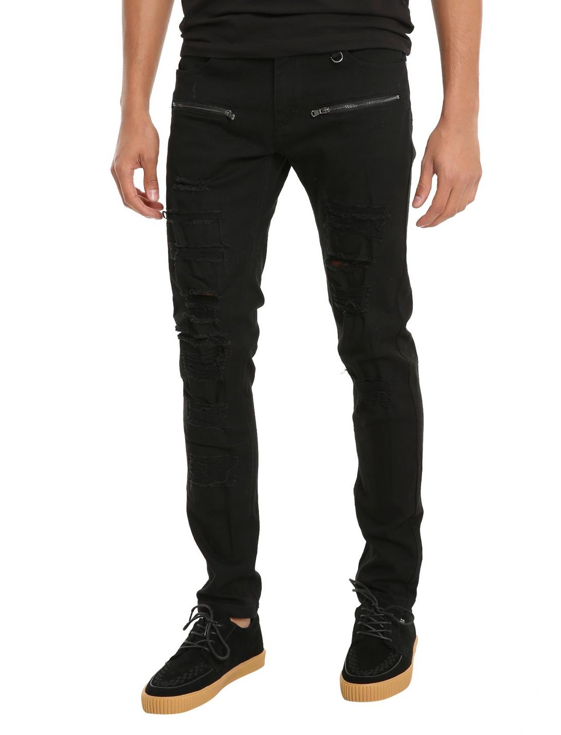 Black Zippered Skinny Jeans 32 Inch Inseam, BLACK, hi-res