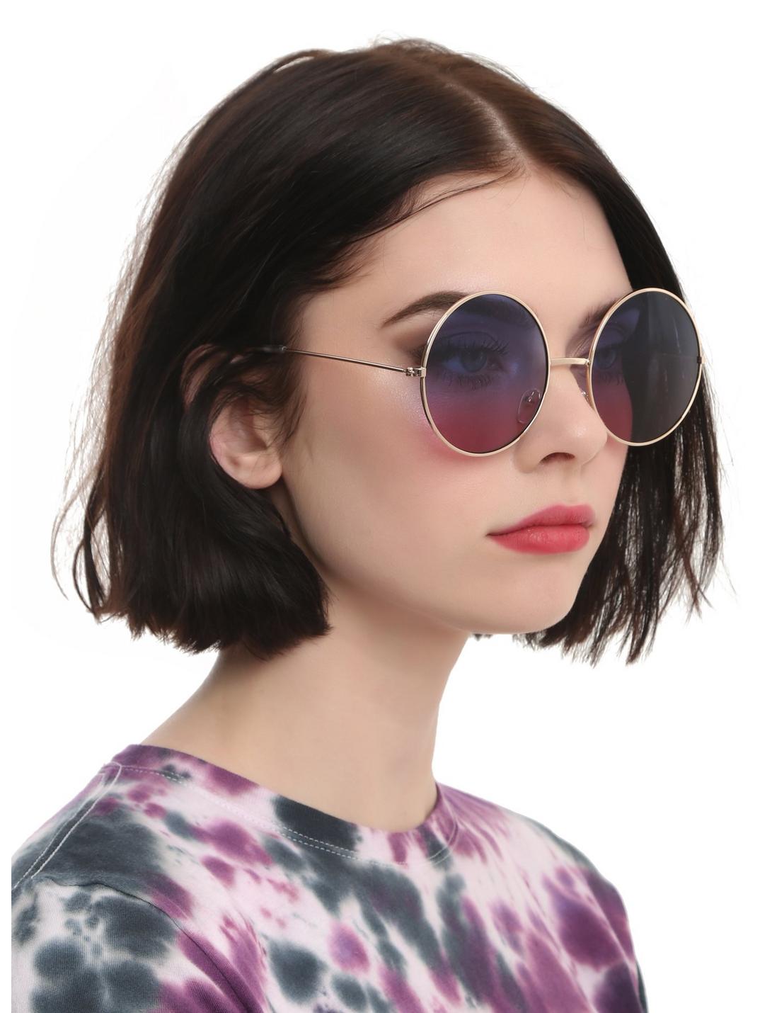 Gold Blue & Pink Gradient Lens Round Sunglasses, , hi-res