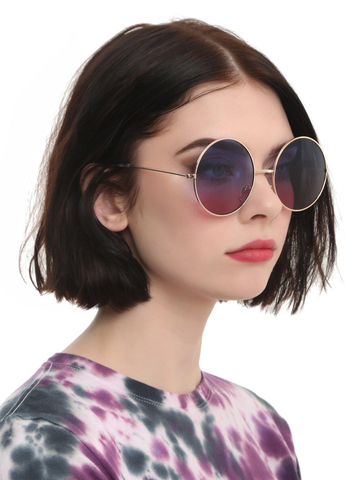 Gold Blue & Pink Gradient Lens Round Sunglasses, , hi-res