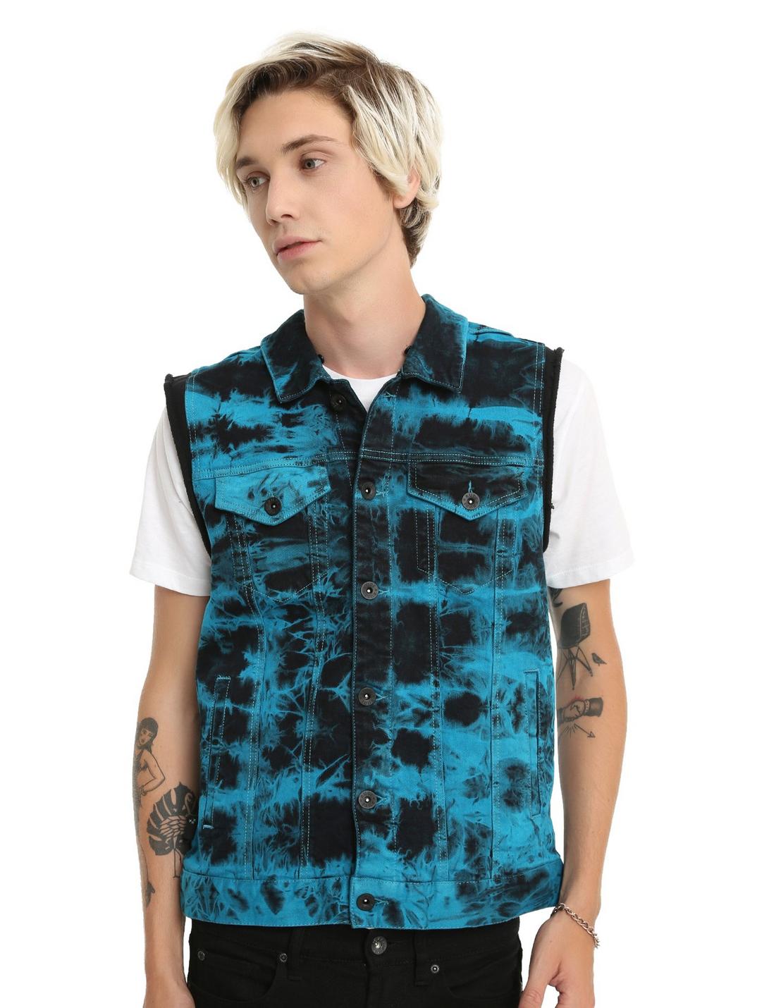 XXX RUDE Turquoise & Black Tie Dye Denim Black Fleece Hooded Vest | Hot ...