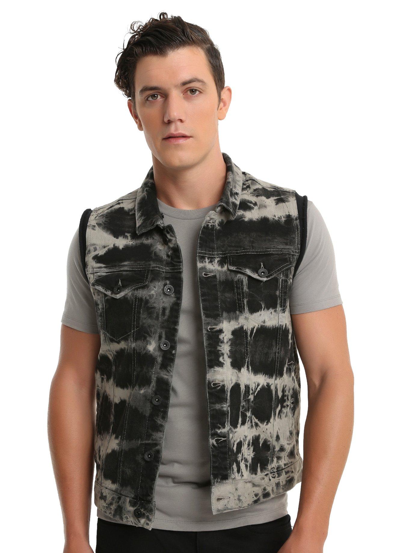 Xxx Rude Black And Grey Tie Dye Denim Black Fleece Hooded Vest Hot Topic