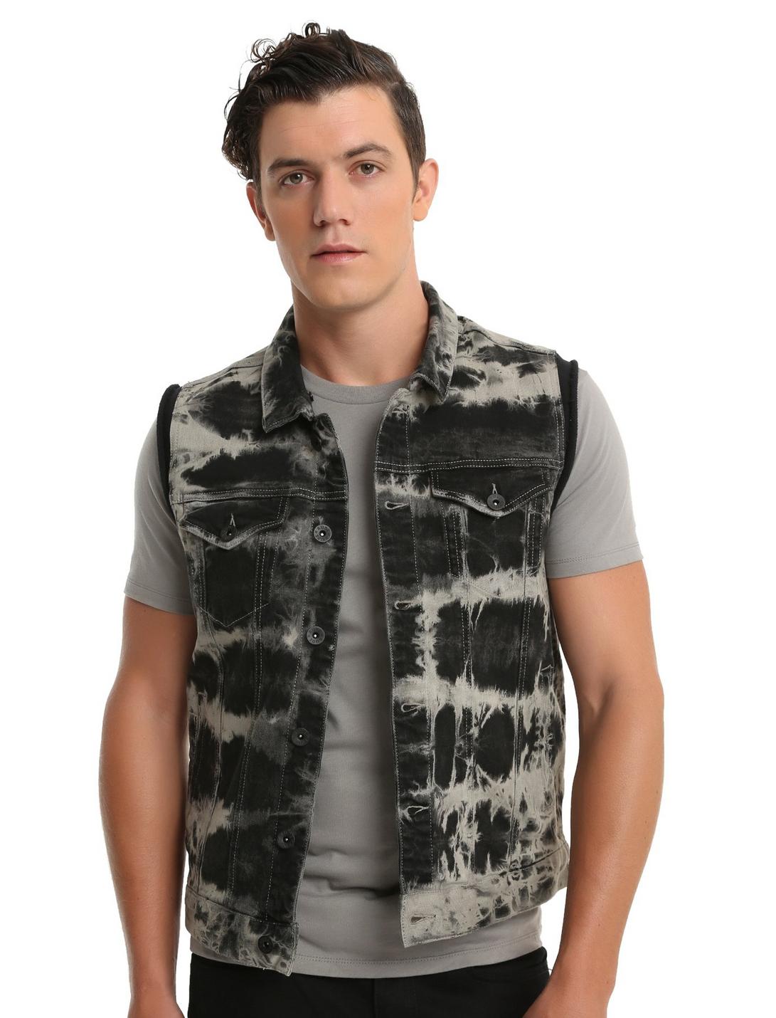 XXX RUDE Black & Grey Tie Dye Denim Black Fleece Hooded Vest, GREY, hi-res