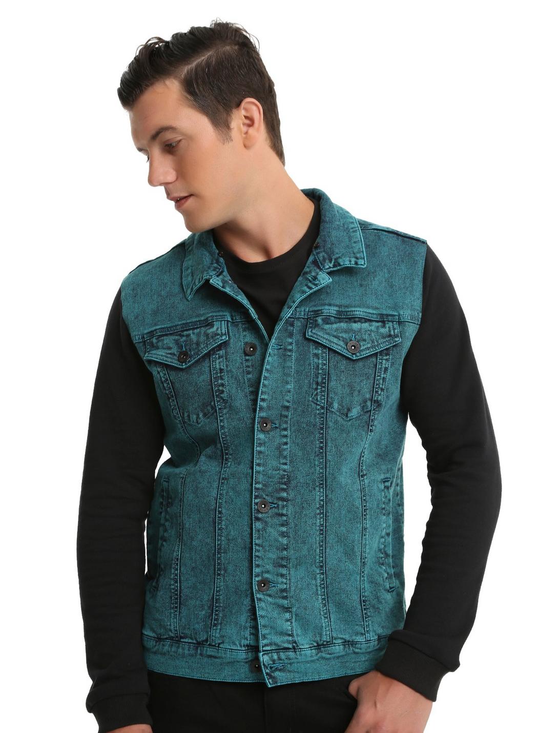 XXX RUDE Turquoise Acid Wash Denim Black Fleece Hooded Jacket, BLUE, hi-res