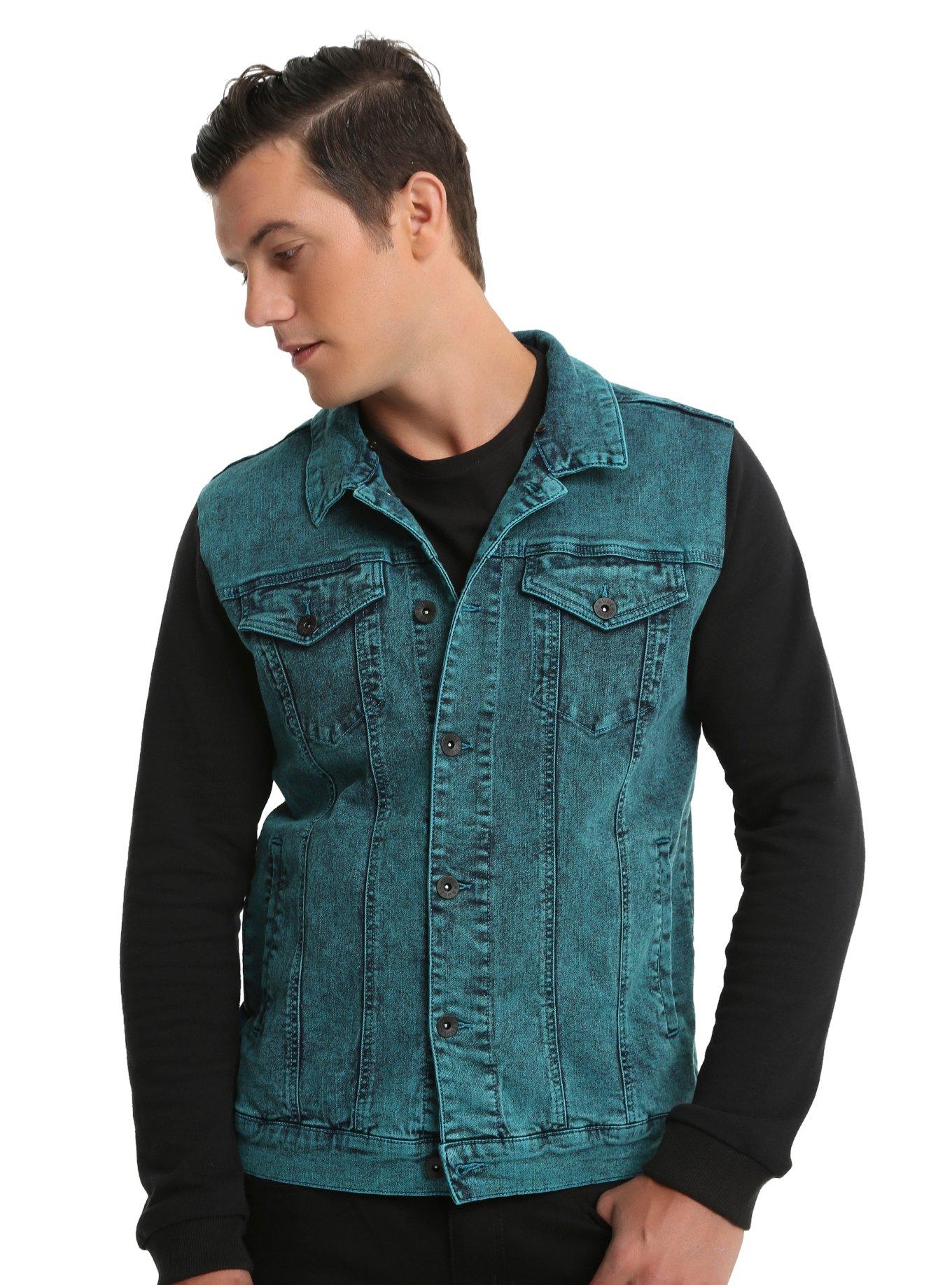 XXX RUDE Turquoise Acid Wash Denim Black Fleece Hooded Jacket, BLUE, hi-res