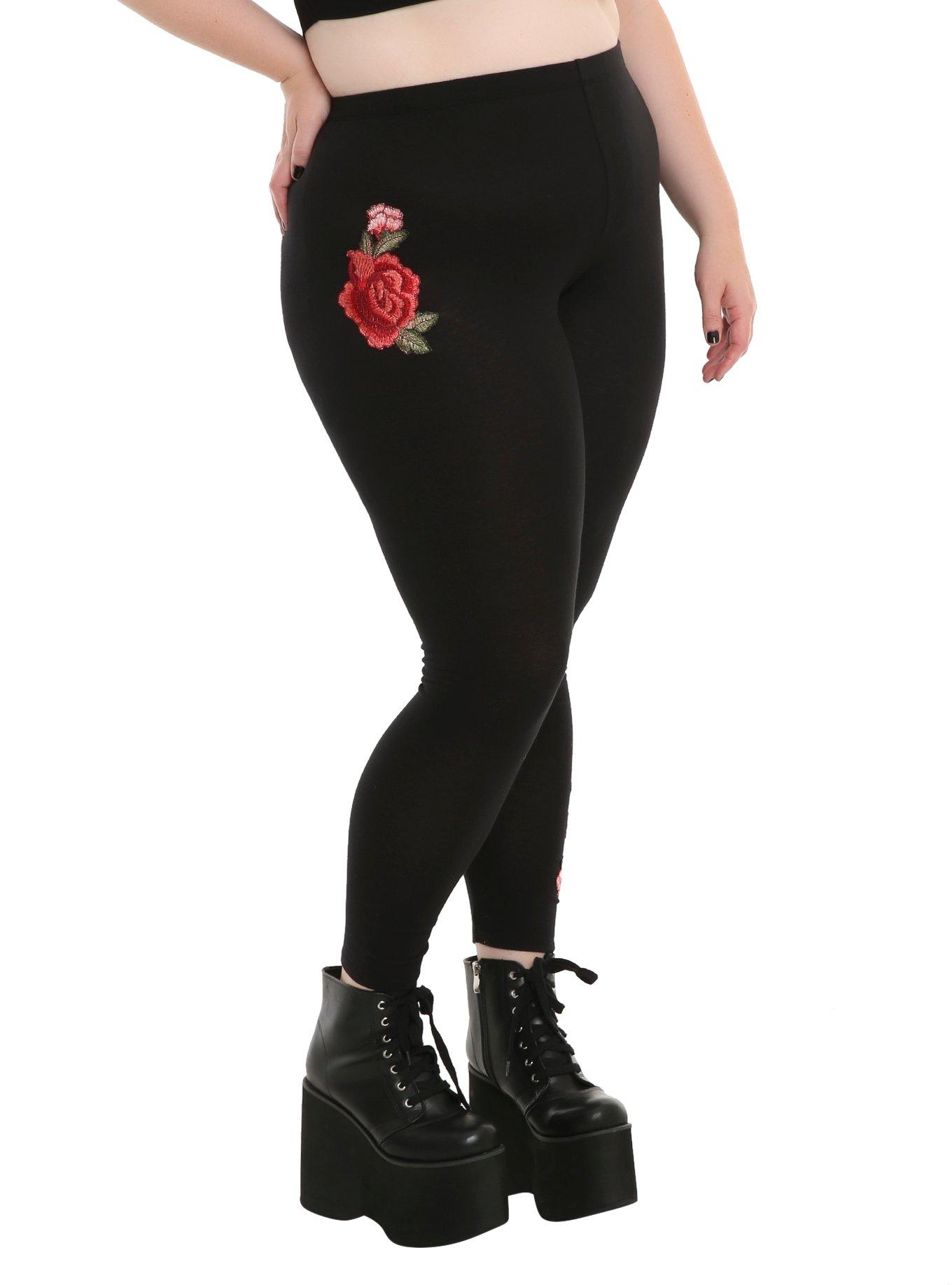 Rose Applique Leggings Plus Size, BLACK, hi-res