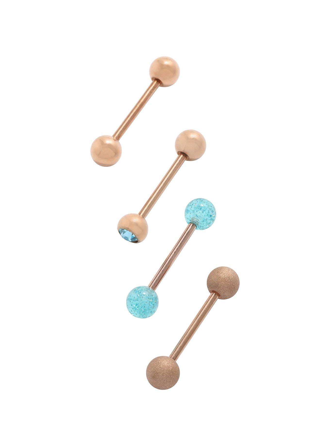 14G Rose Gold And Aqua Blue Tongue Barbell 4 Pack, , hi-res