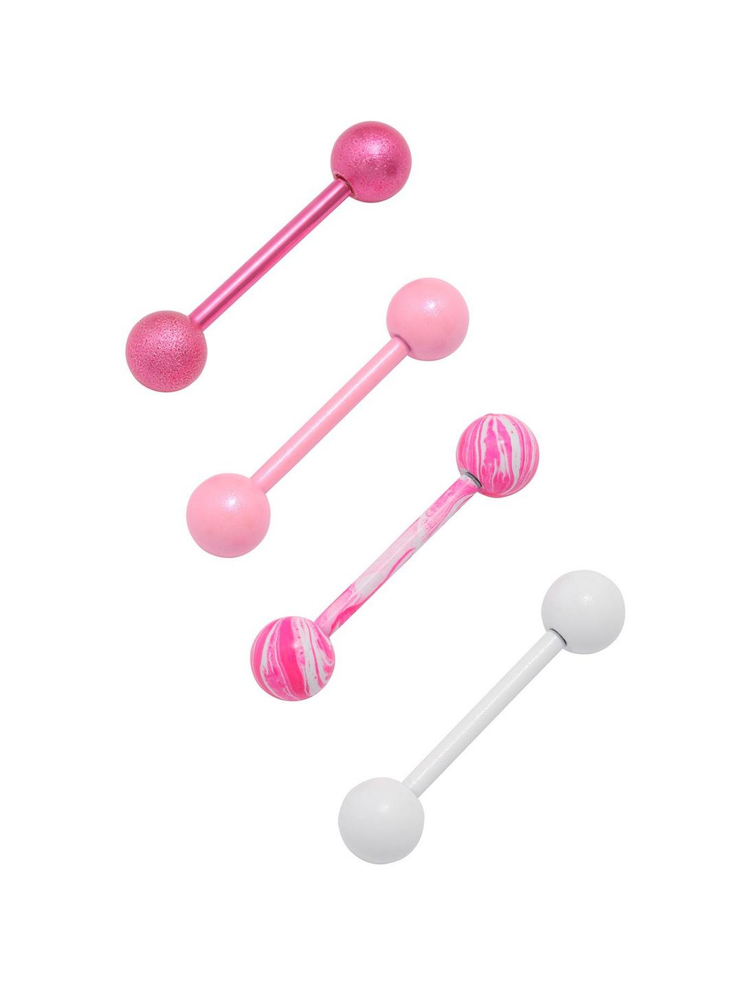 14G Steel Pink & White Tongue Barbell 4 Pack, , hi-res