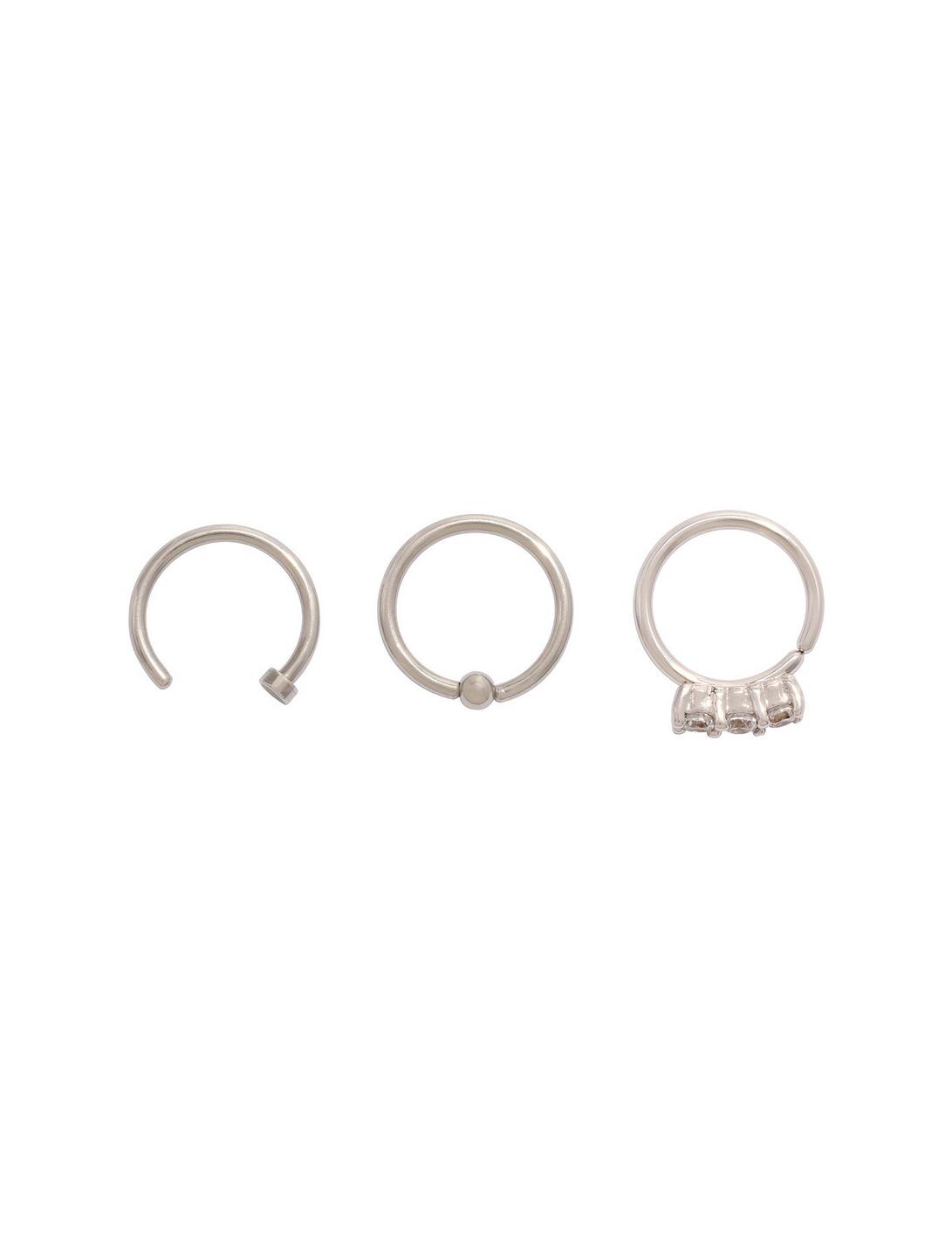 Steel Silver Nose Hoops CZ Prong 3 Pack, SILVER, hi-res