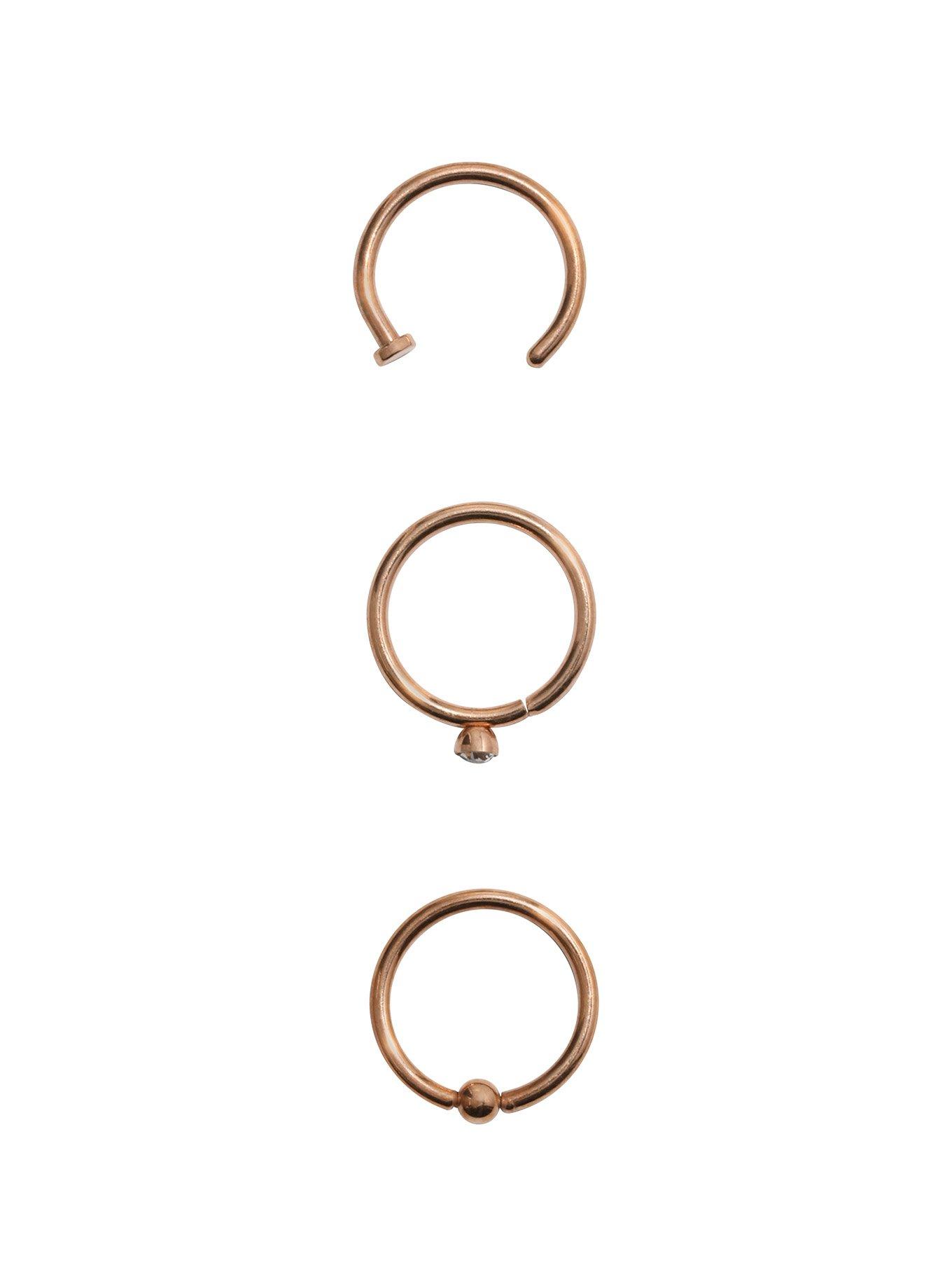 Steel Rose Gold CZ Nose Hoops 3 Pack, SILVER, hi-res