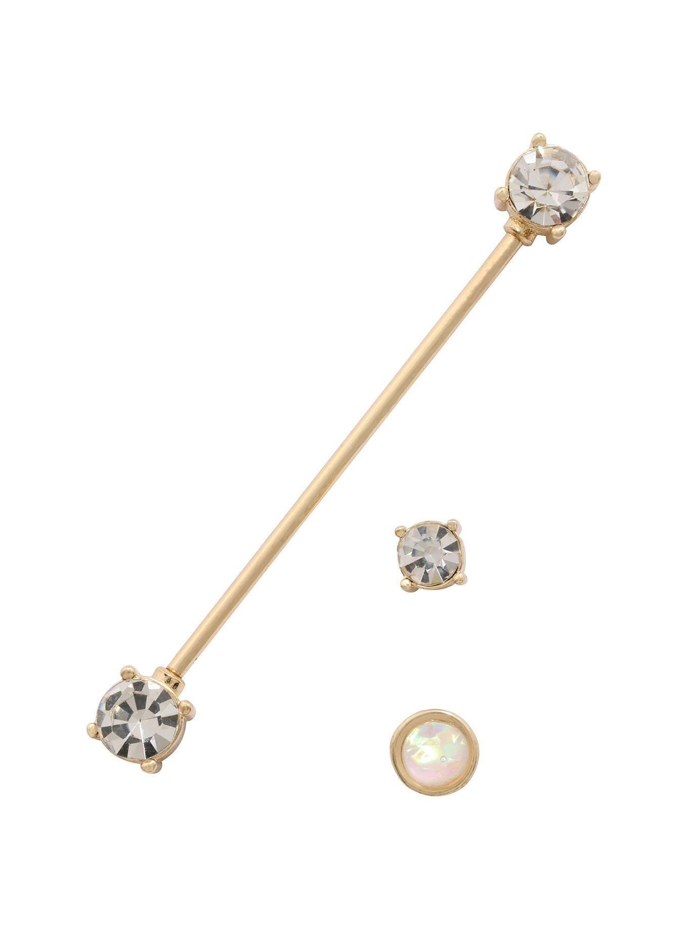 Gold CZ Opal Industrial Barbell 3 Pack, MULTI, hi-res