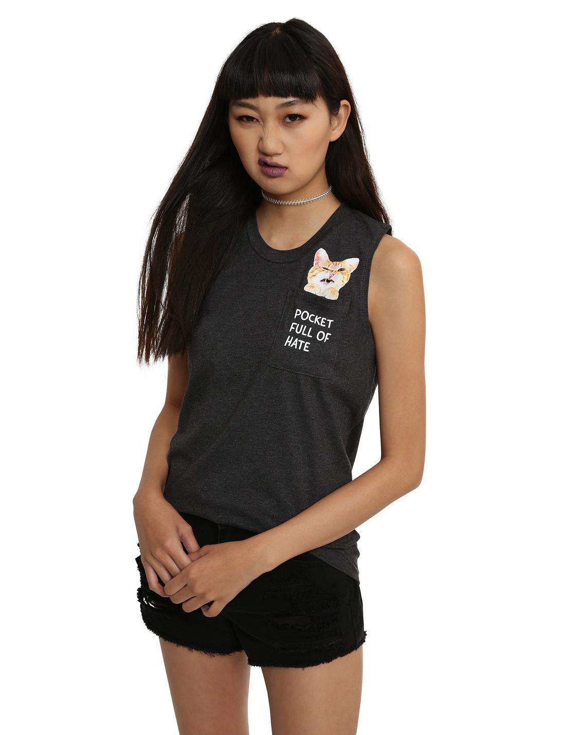 Cat Pocket Full Of Hate Girls Muscle Top, WHITE, hi-res