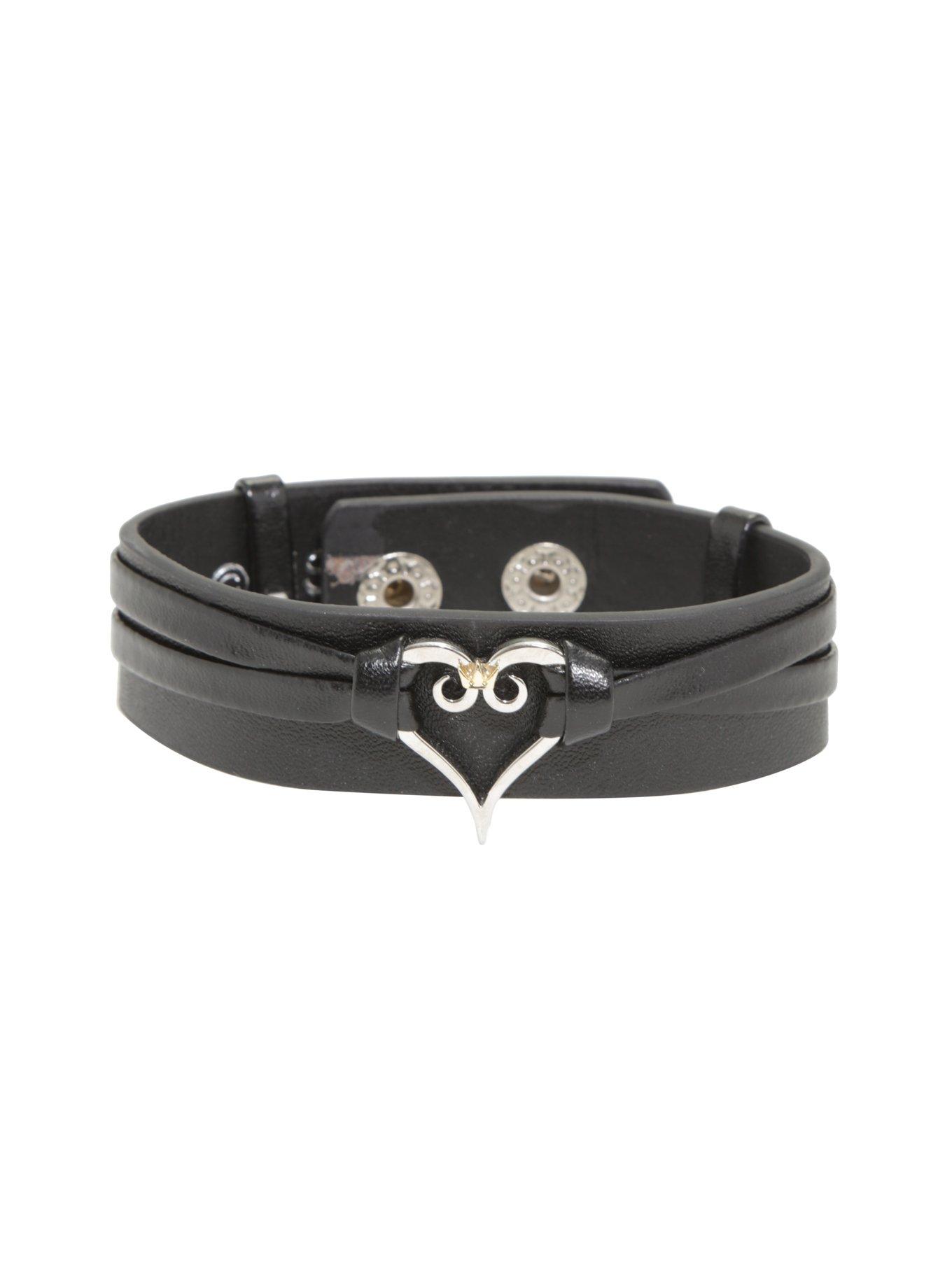 Disney Kingdom Hearts Silver Heart Black Leather Cuff, , hi-res