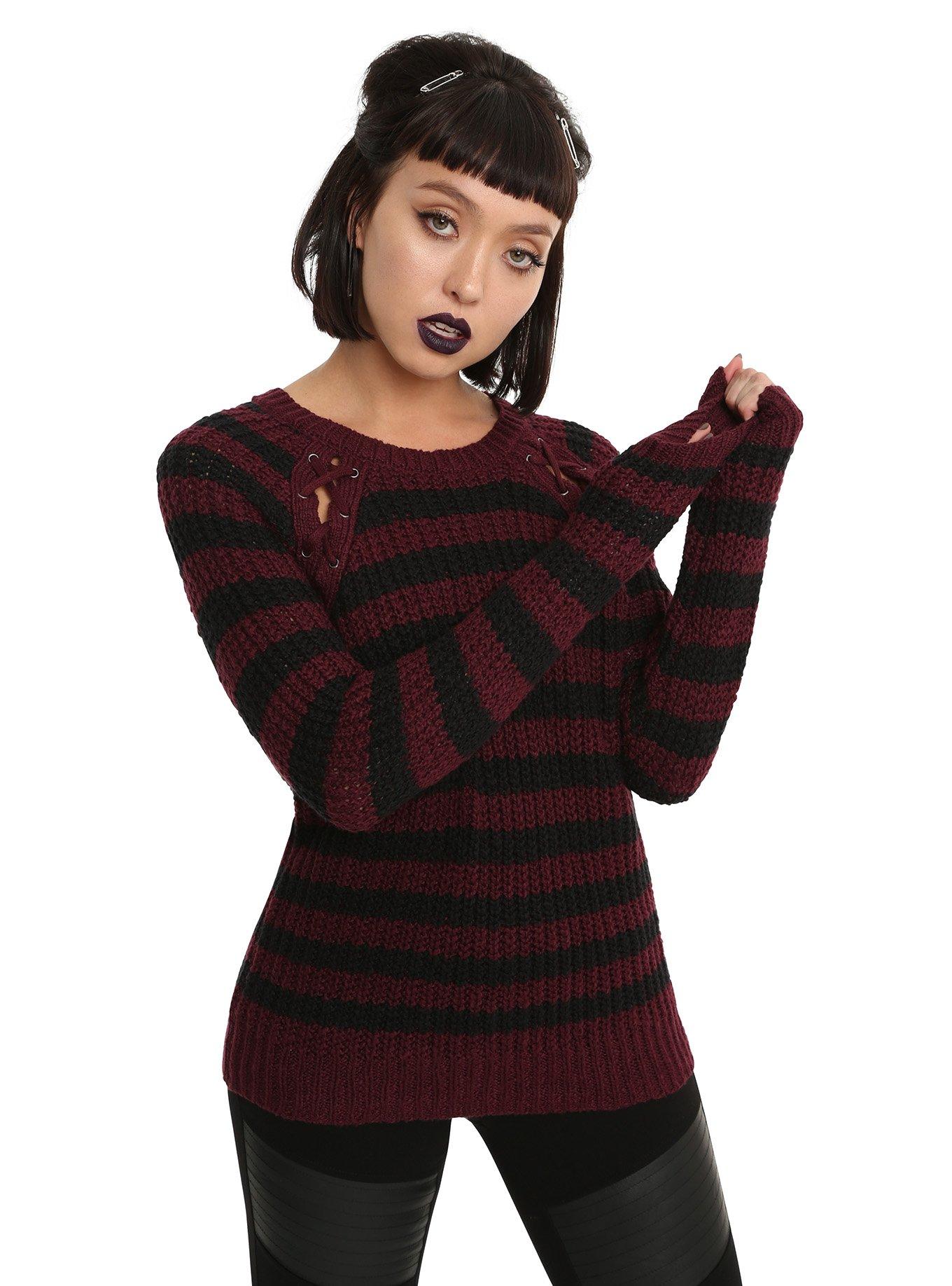 Black & Burgundy Stripe Lace-Up Girls Sweater, RED, hi-res