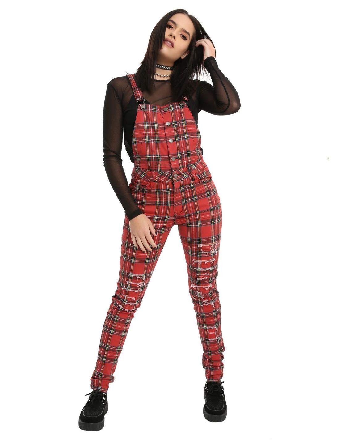 Tripp Red Plaid Destructed Girls Overalls | Hot Topic