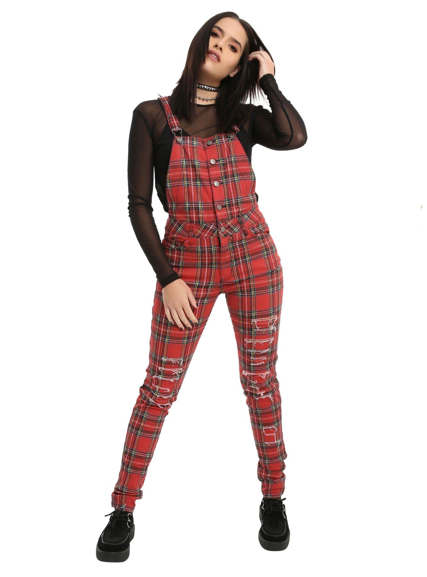 Tripp Red Plaid Destructed Girls Overalls, RED, hi-res