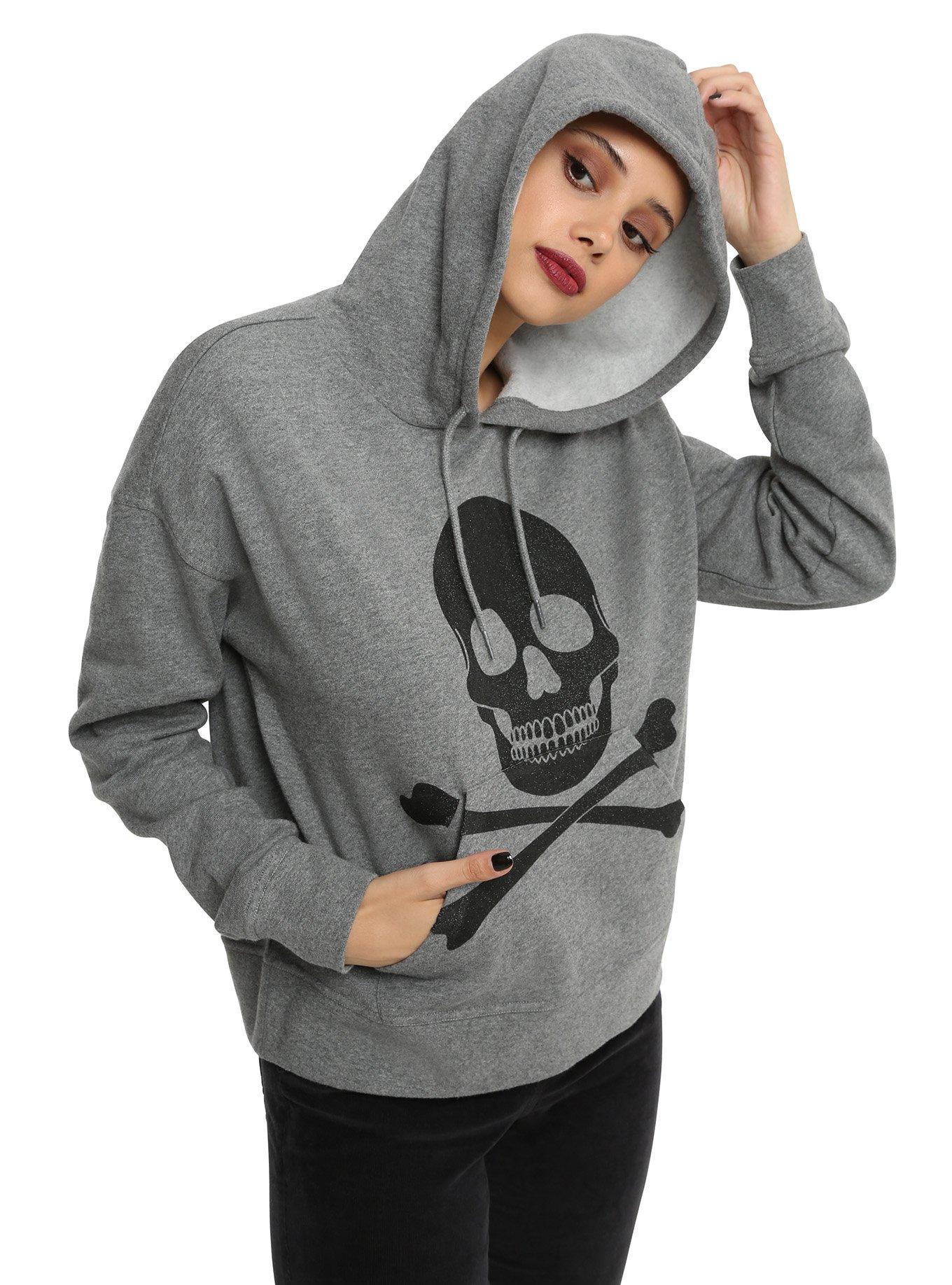 Grey & Black Glitter Skull Girls Hoodie, GREY, hi-res