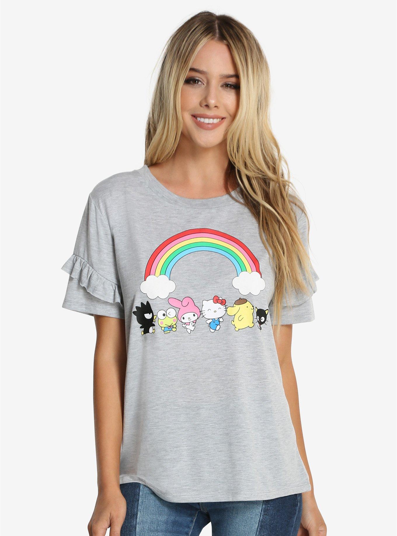 Hello Sanrio Character Rainbow Womens Tee, GREY, hi-res