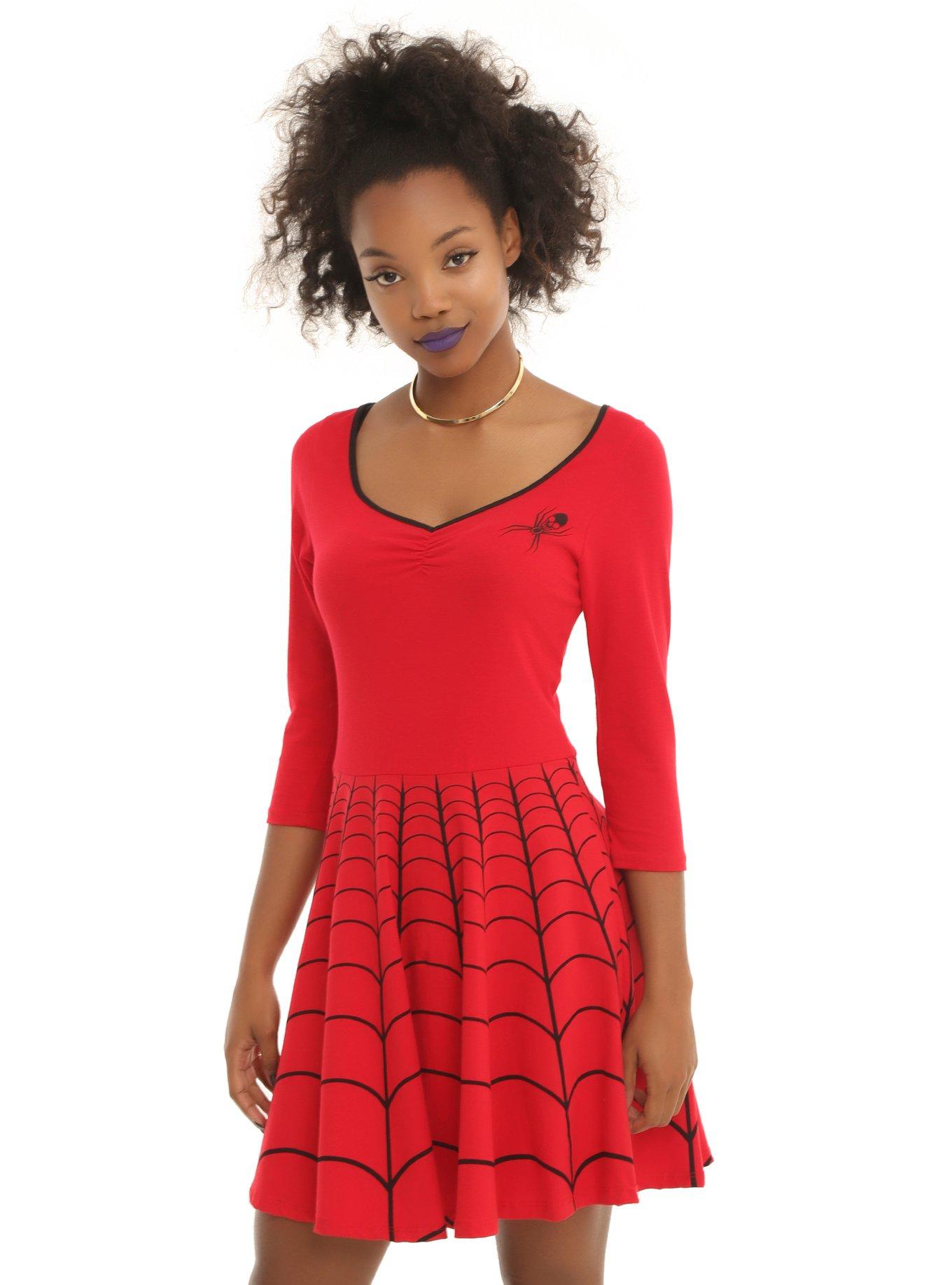 Kreepsville 666 Red Spiderweb Skater Dress, RED, hi-res
