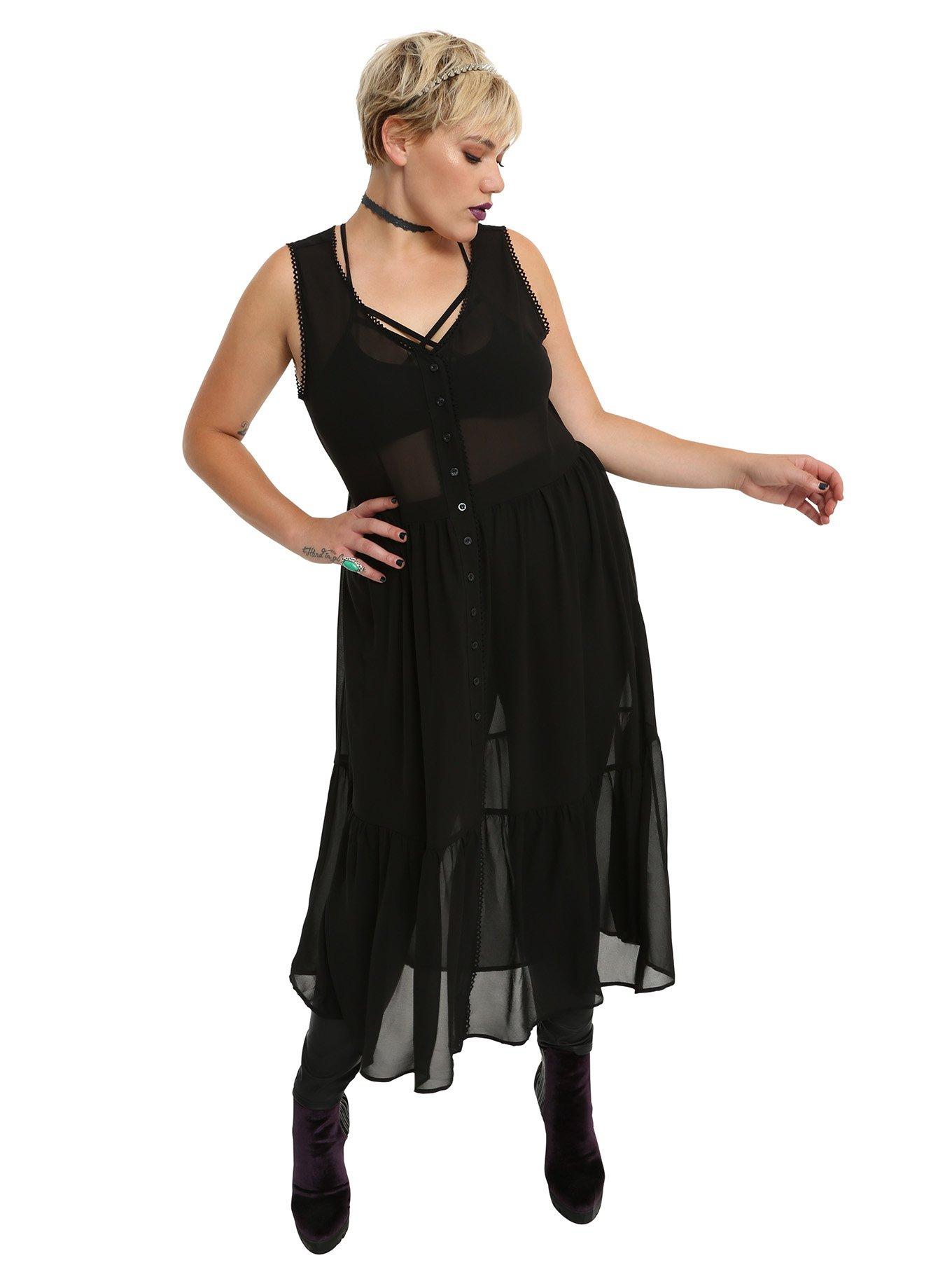 Black Chiffon Duster Plus Size, BLACK, hi-res