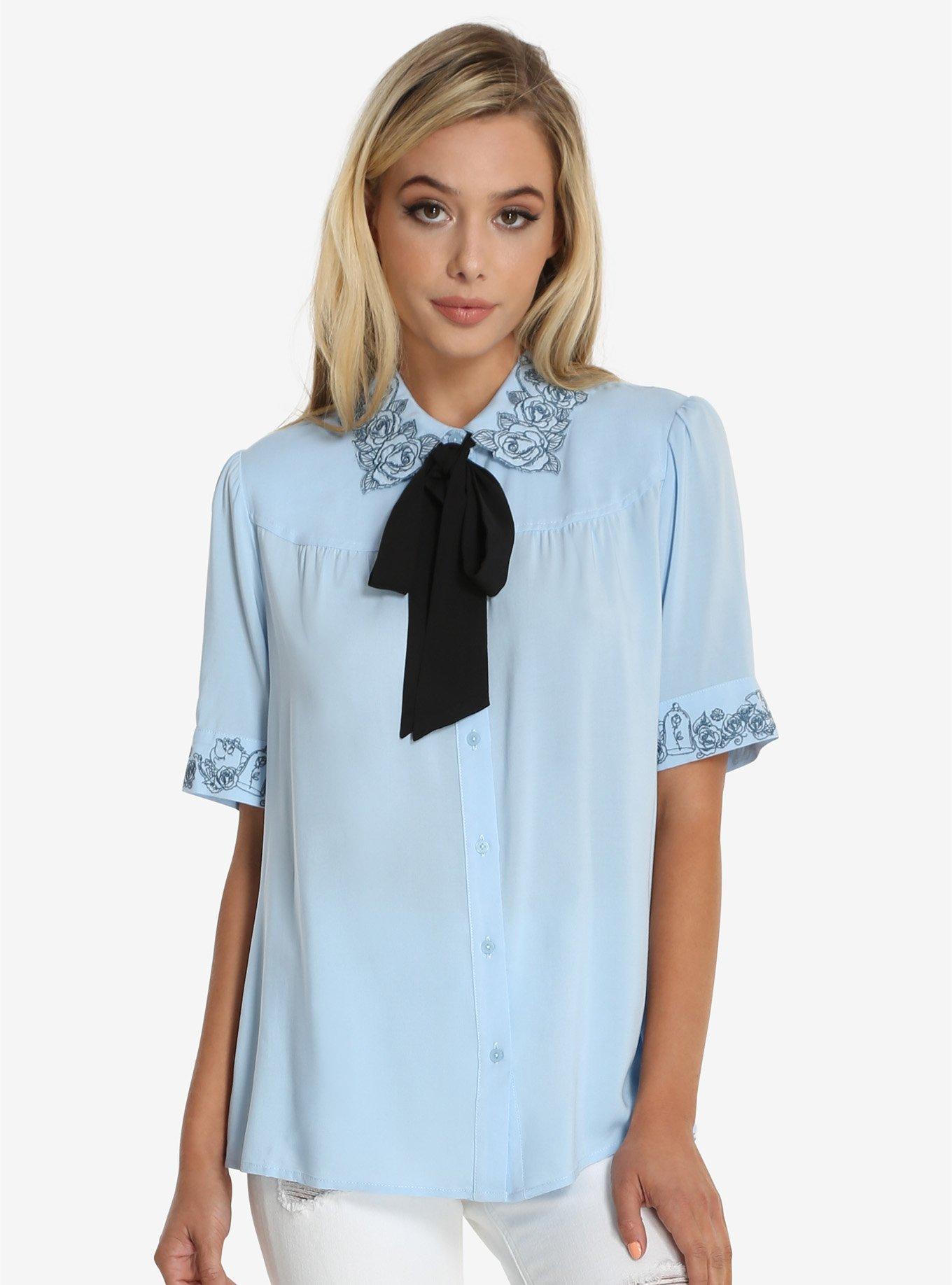 Disney Beauty And The Beast Rose Front Tie Womens Blouse, BLUE, hi-res