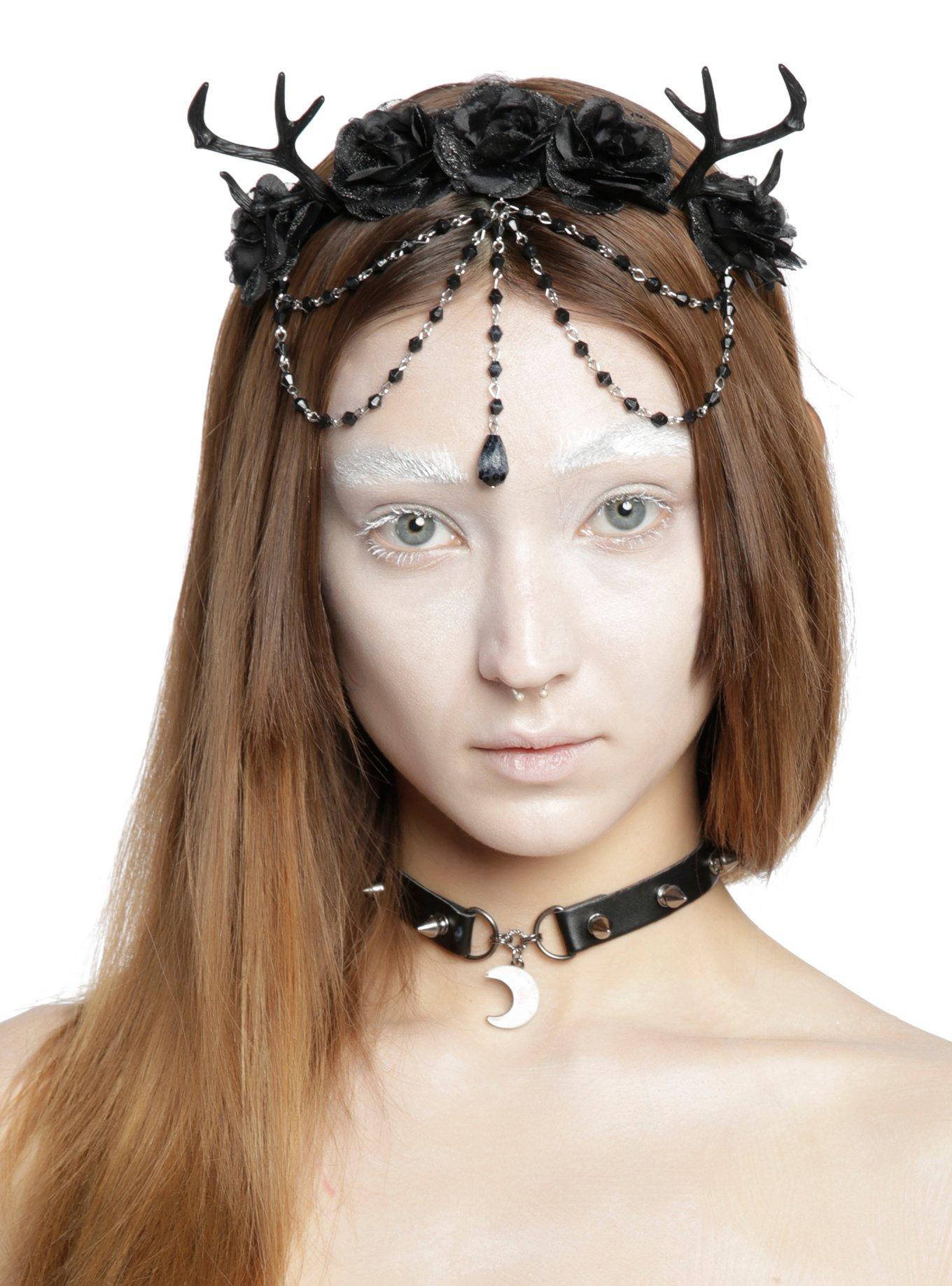 Gothic Fawn Black Floral Antler Headband, , hi-res