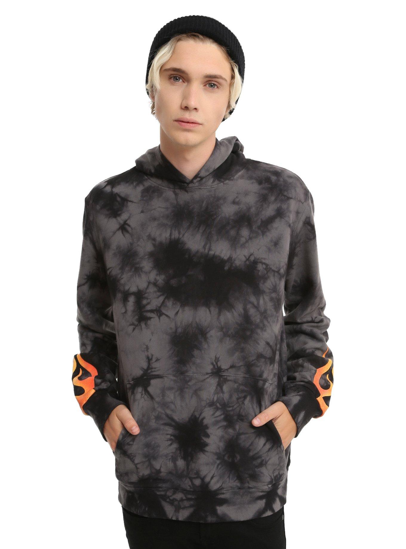 Black & Grey Tie Dye Flame Hoodie, BLACK, hi-res