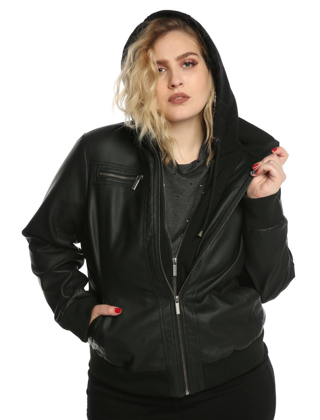 Black Sherpa Lined Faux Leather Girls Jacket Plus Size, BLACK, hi-res