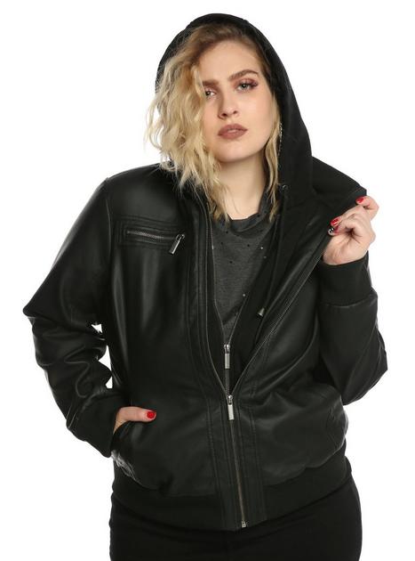 Black Sherpa Lined Faux Leather Girls Jacket Plus Size Hot Topic 