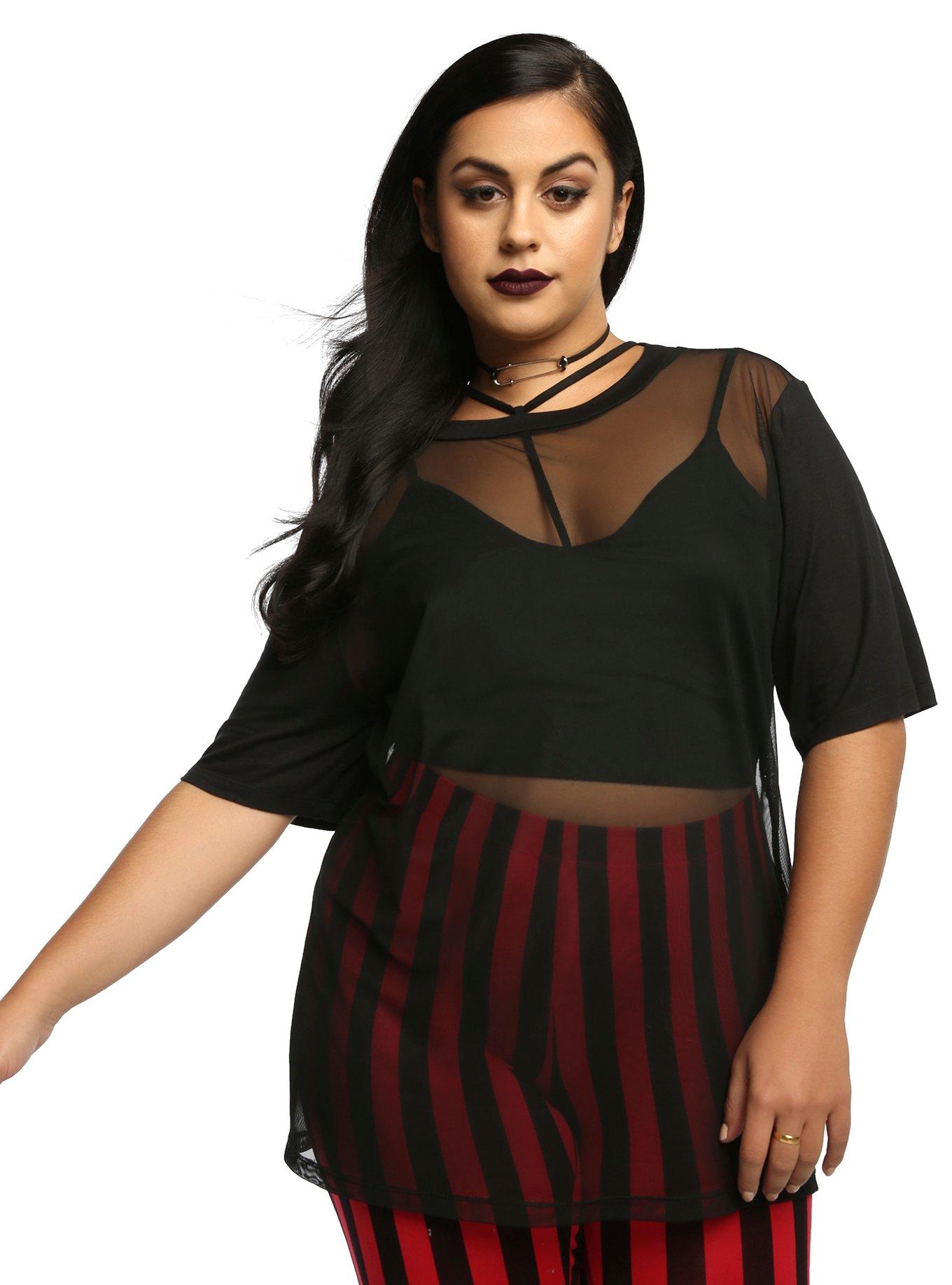 Black Oversized Mesh Girls Top Plus Size, BLACK, hi-res
