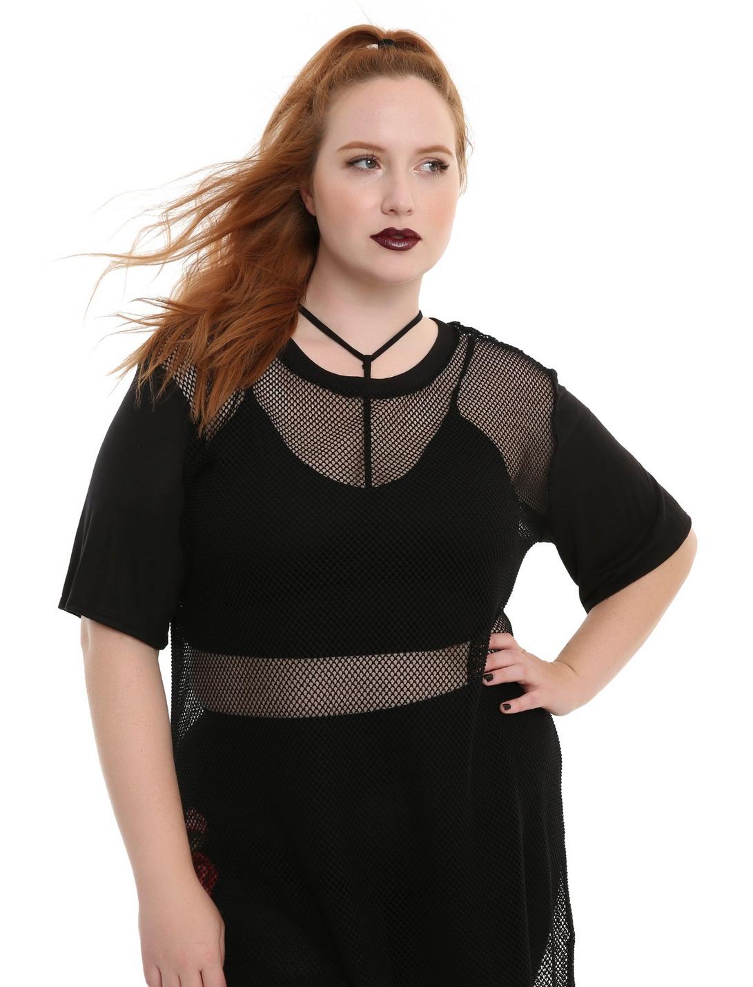 Black Oversized Fishnet Girls Top Plus Size, BLACK, hi-res