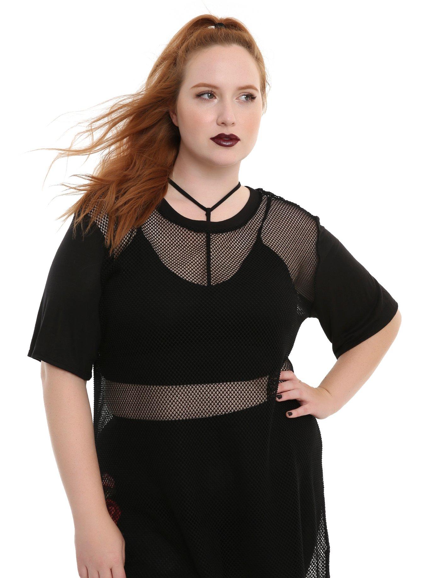 Black Oversized Fishnet Girls Top Plus Size, BLACK, hi-res