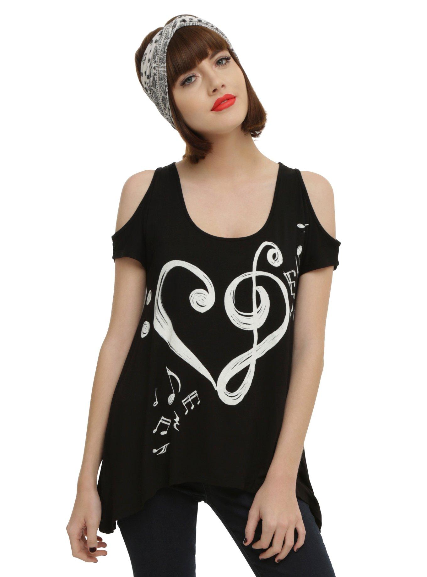 Music Notes Heart Girls Cold Shoulder Top, BLACK, hi-res