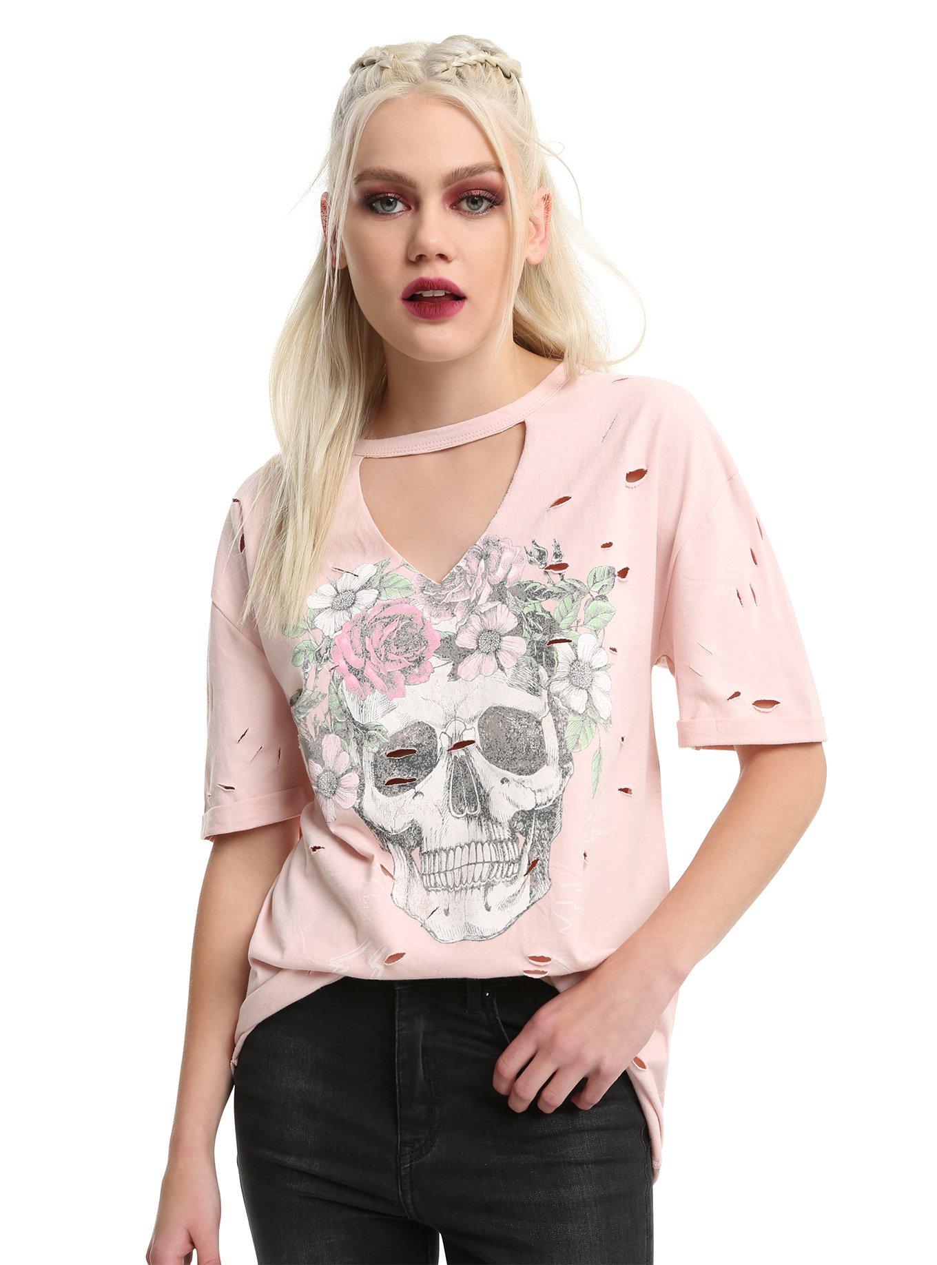 Floral Skull V Cutout Choker Distressed Girls T-Shirt | Hot Topic
