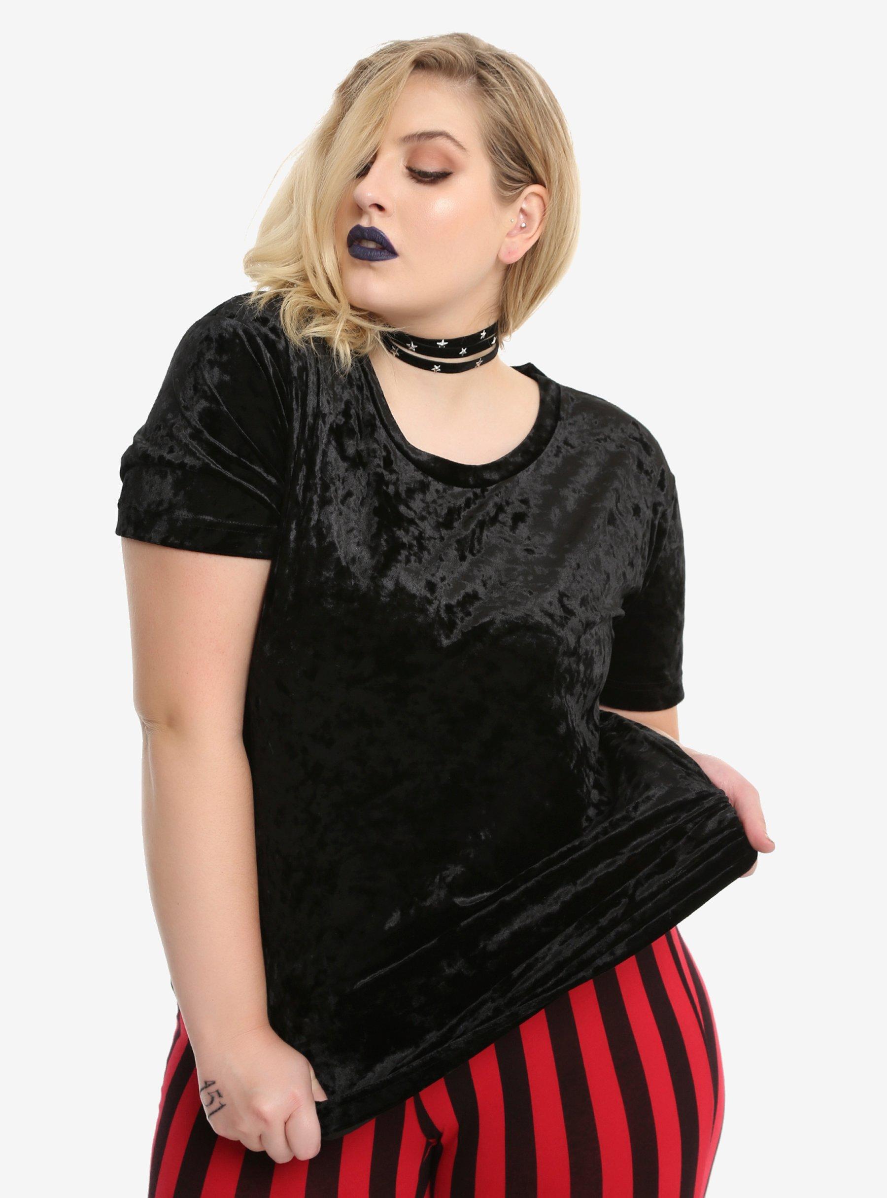 Black Crushed Velvet Girls Tunic T-Shirt Plus Size, BLACK, hi-res