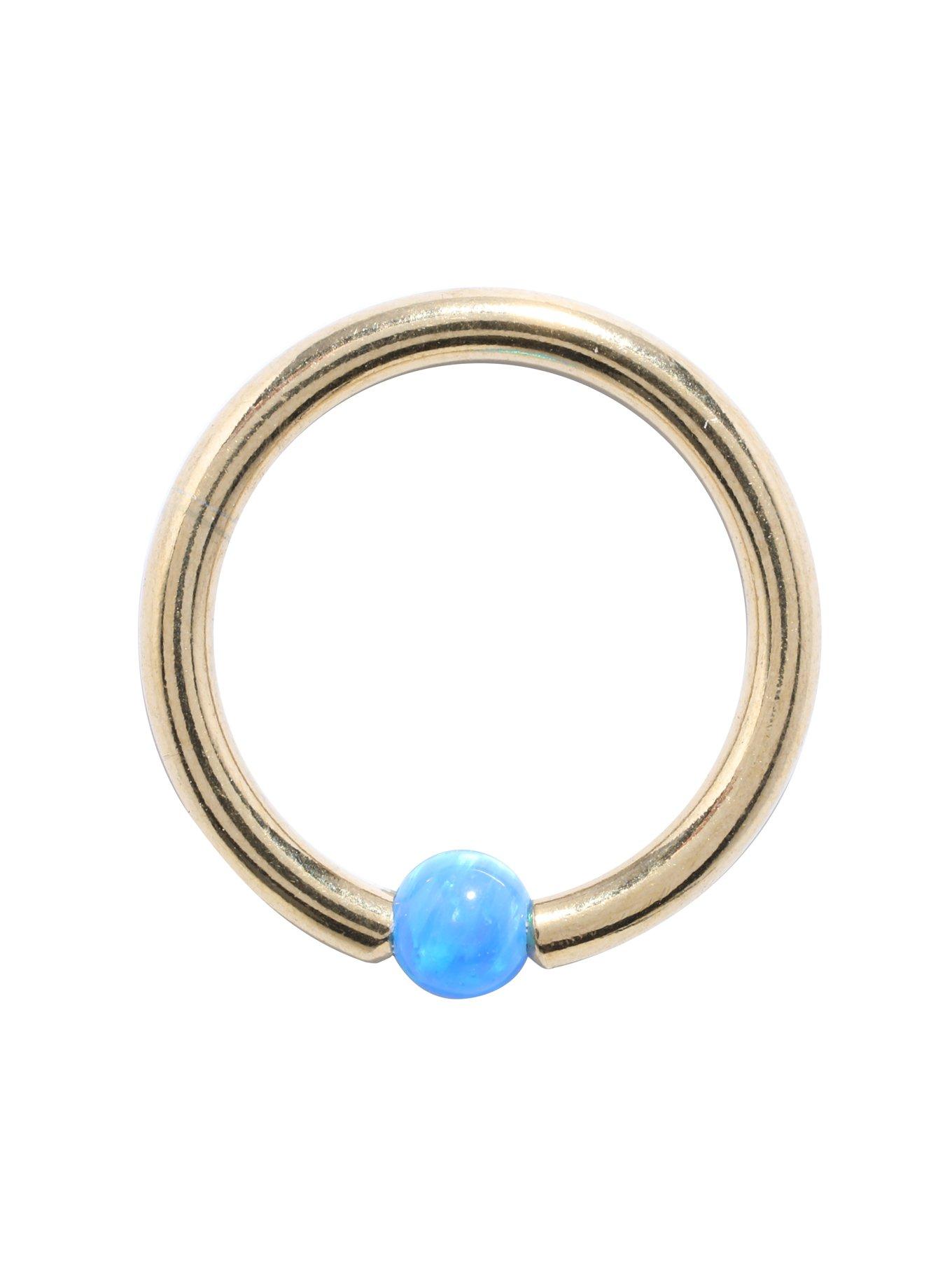 14G 7/16" Blue Opal Gold Plated Surgical Steel Captive Hoop, GOLD, hi-res