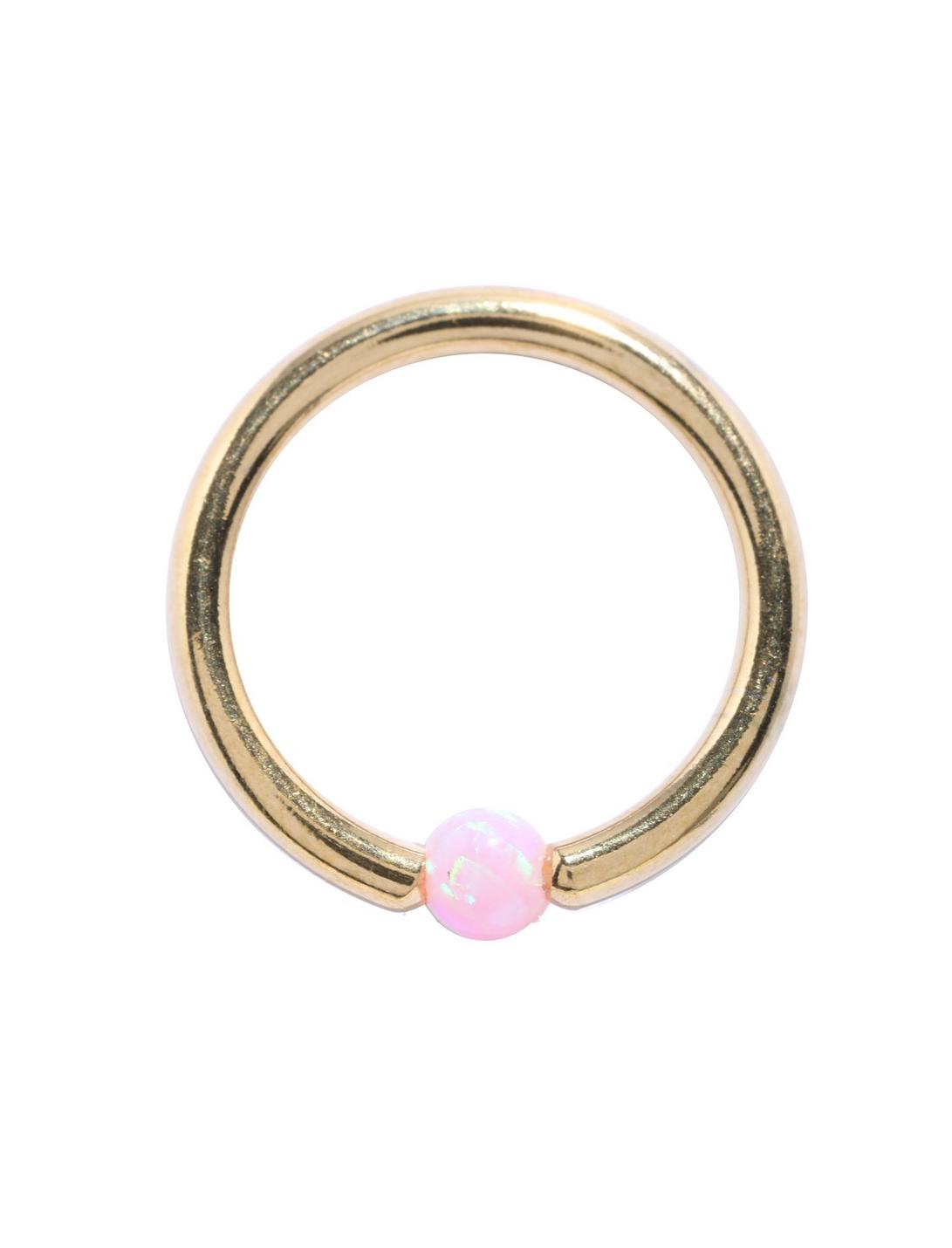 14G 7/16" Pink Opal Gold Plated Surgical Steel Captive Hoop, GOLD, hi-res