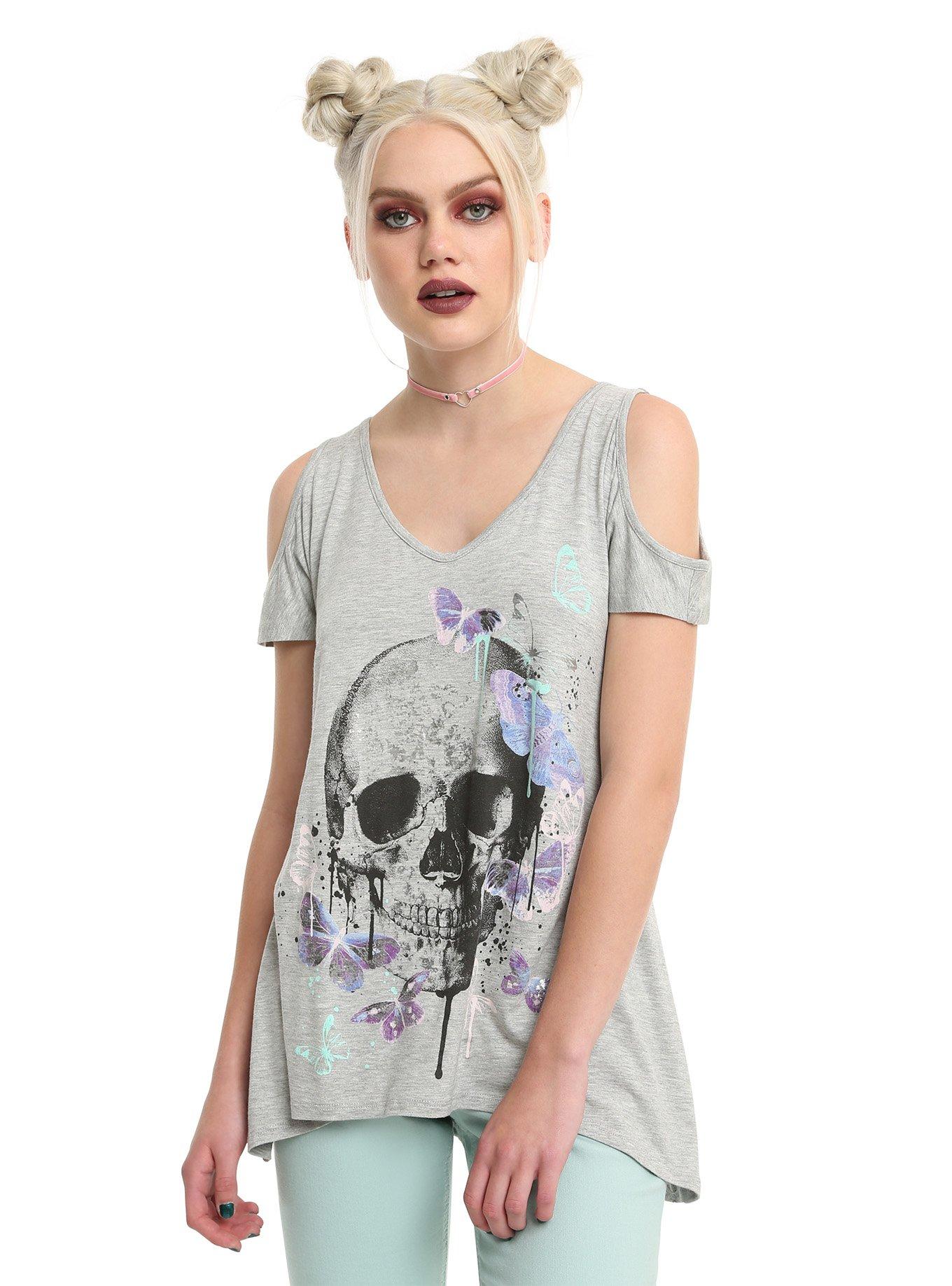 Skull & Butterfly Girls Cold Shoulder Top | Hot Topic