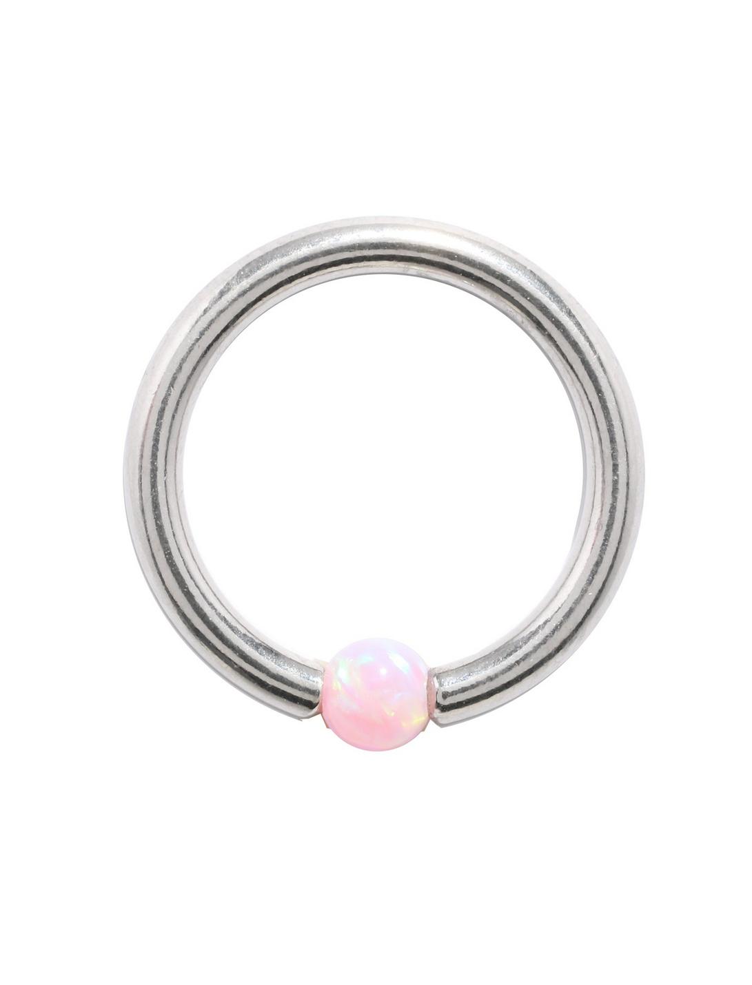 14G 7/16" Pink Opal Surgical Steel Captive Hoop, SILVER, hi-res