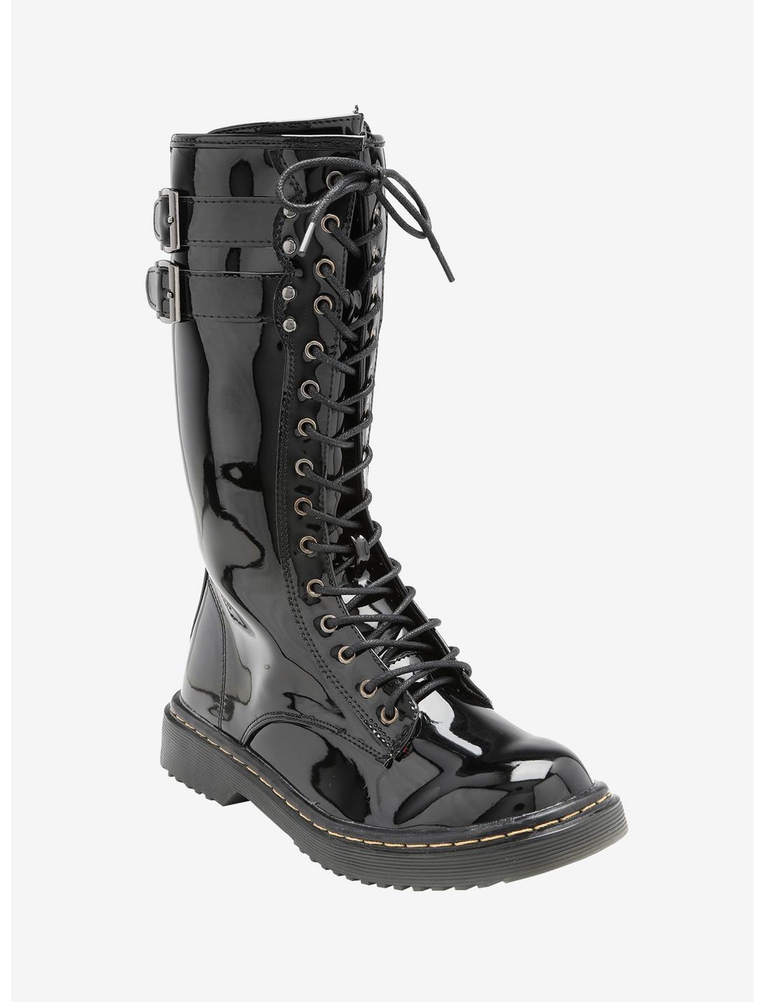 Double Buckle Shiny PU Tall Combat Boots, BLACK, hi-res