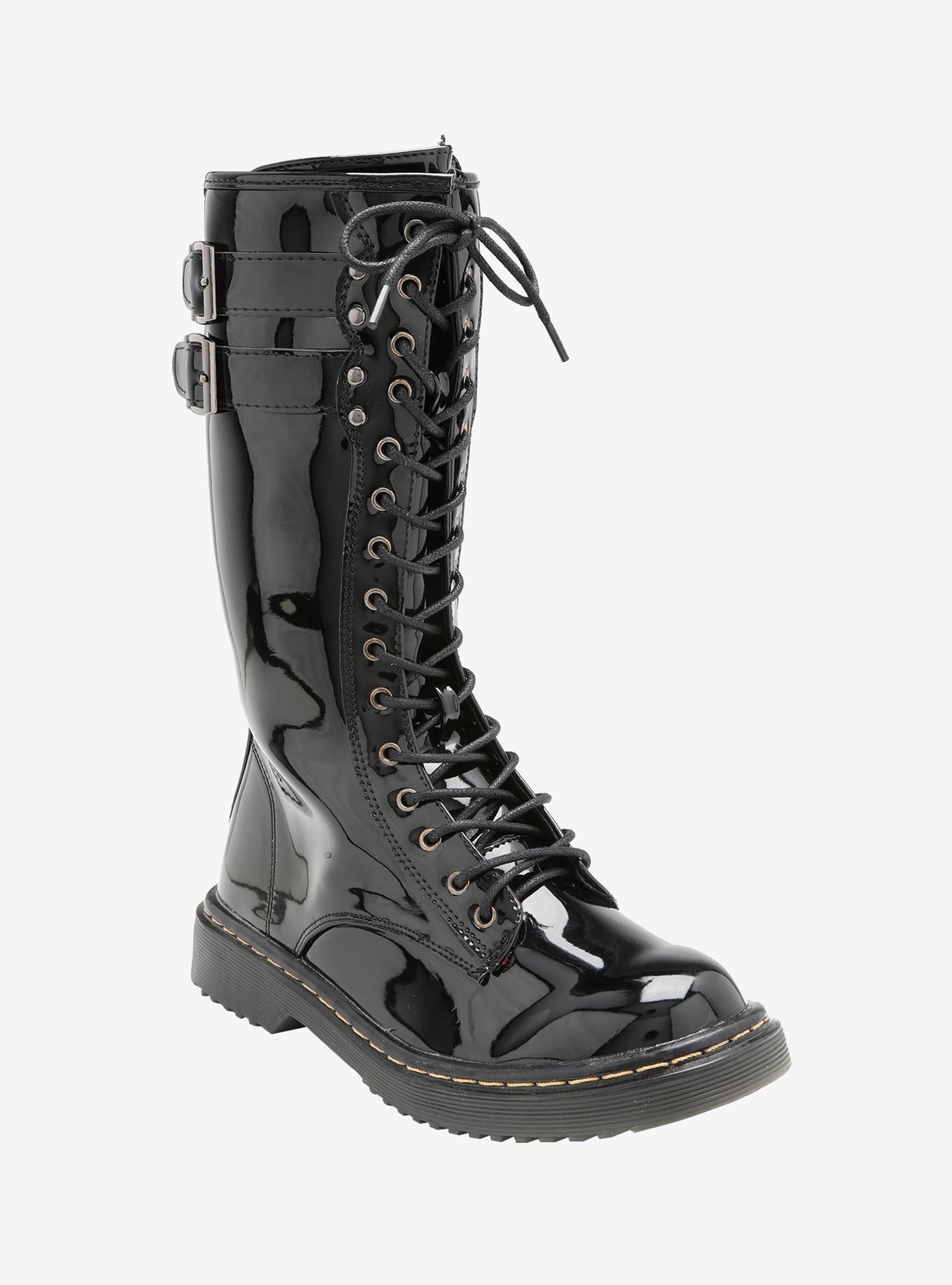 Double Buckle Shiny PU Tall Combat Boots | Hot Topic