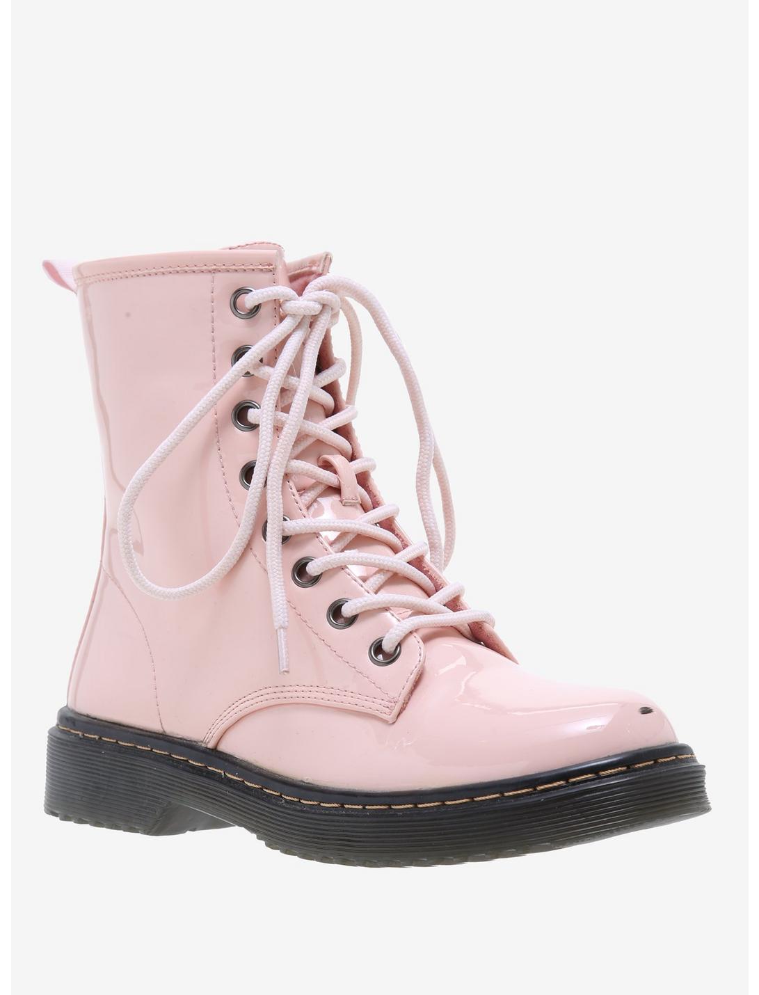 Pastel Pink Patent Faux Leather Combat Boots, BLACK, hi-res