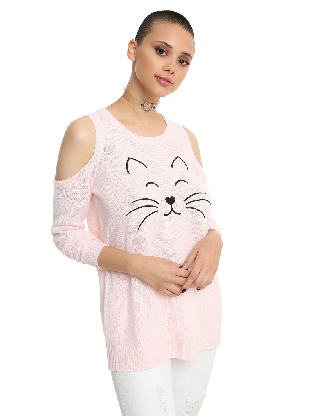 Cat Pink Girls Cold Shoulder Sweater, PINK, hi-res
