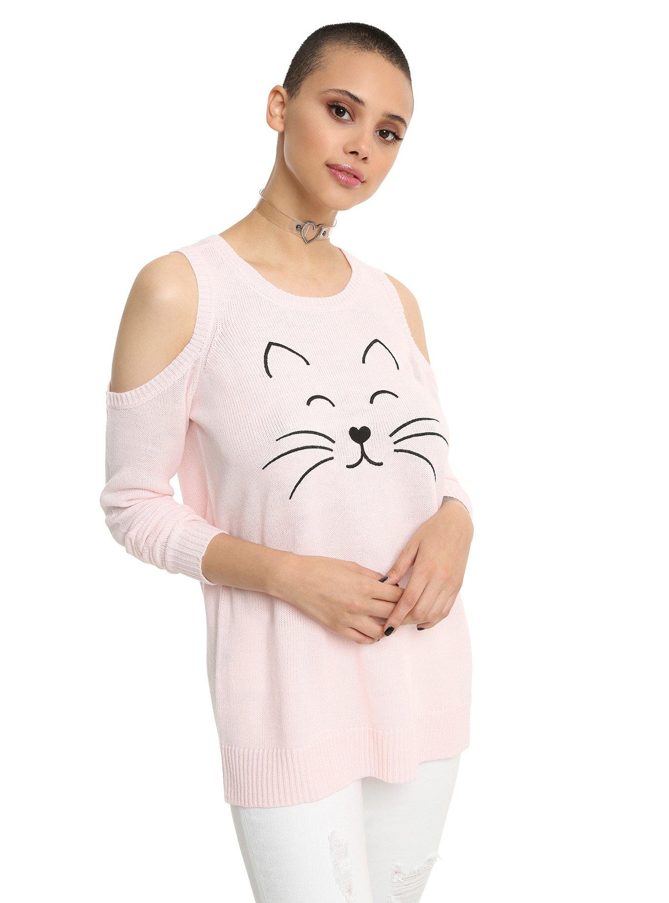 Cat Pink Girls Cold Shoulder Sweater, PINK, hi-res