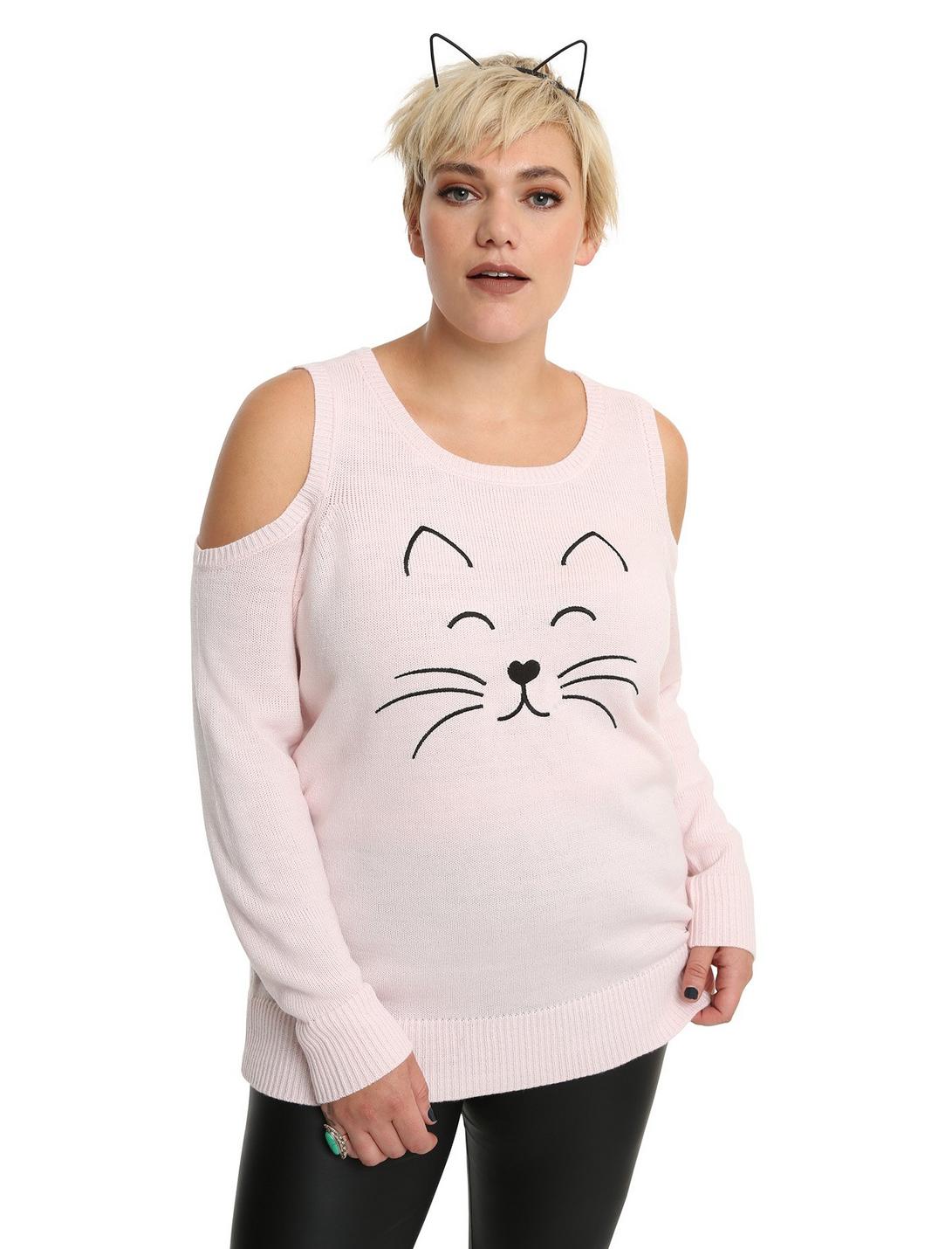 Cat Pink Girls Cold Shoulder Sweater Plus Size, PINK, hi-res