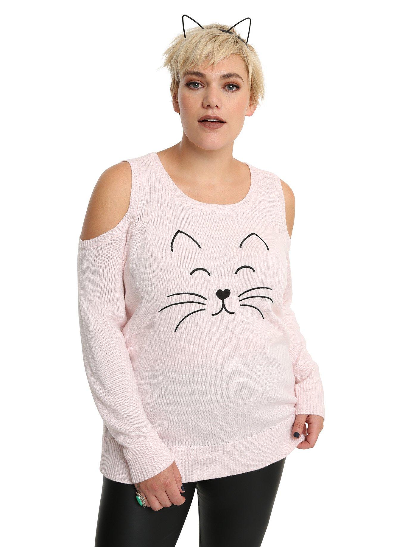 Cat Pink Girls Cold Shoulder Sweater Plus Size, PINK, hi-res