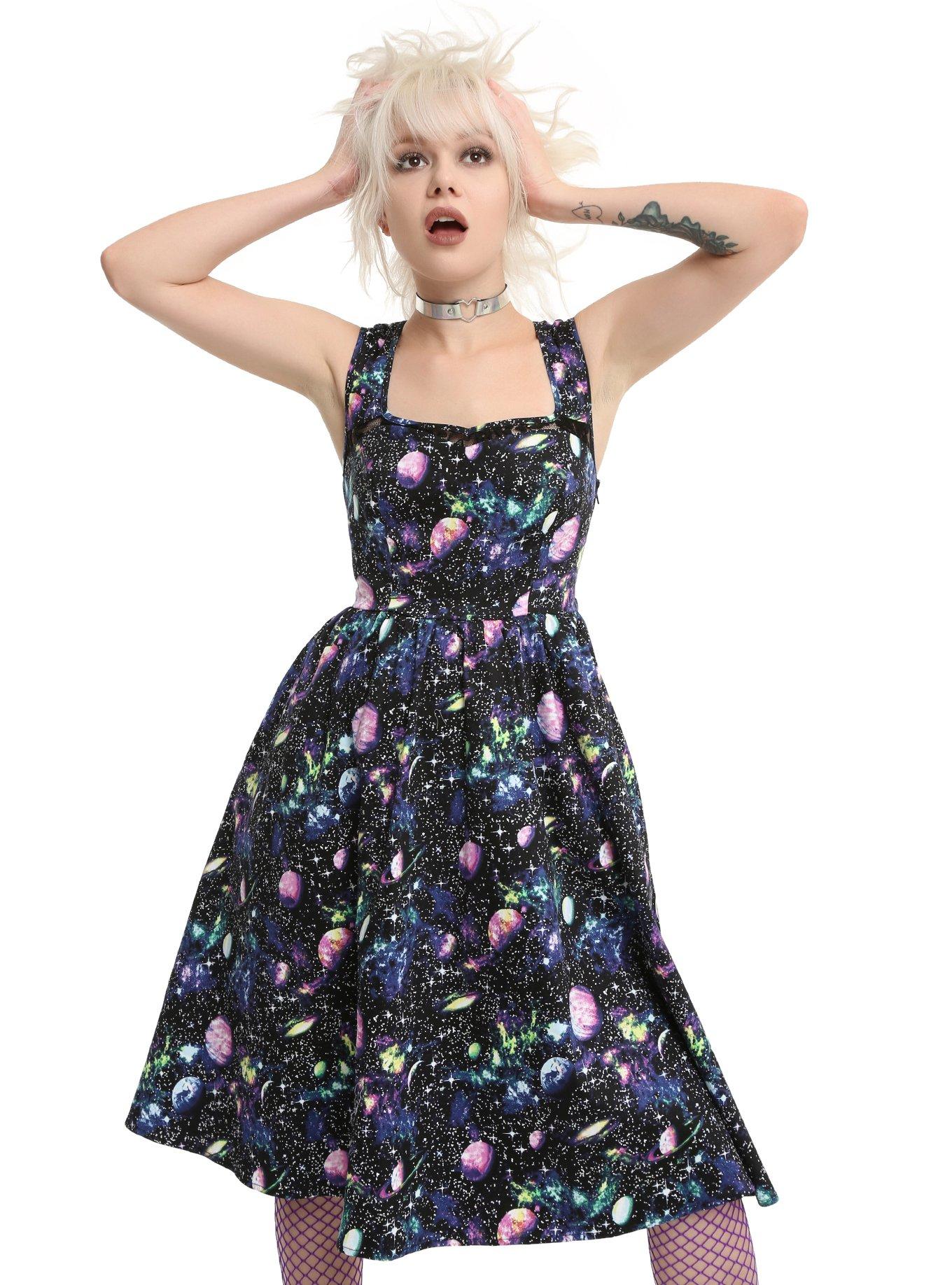 Planet Print Fit & Flare Dress, BLACK, hi-res