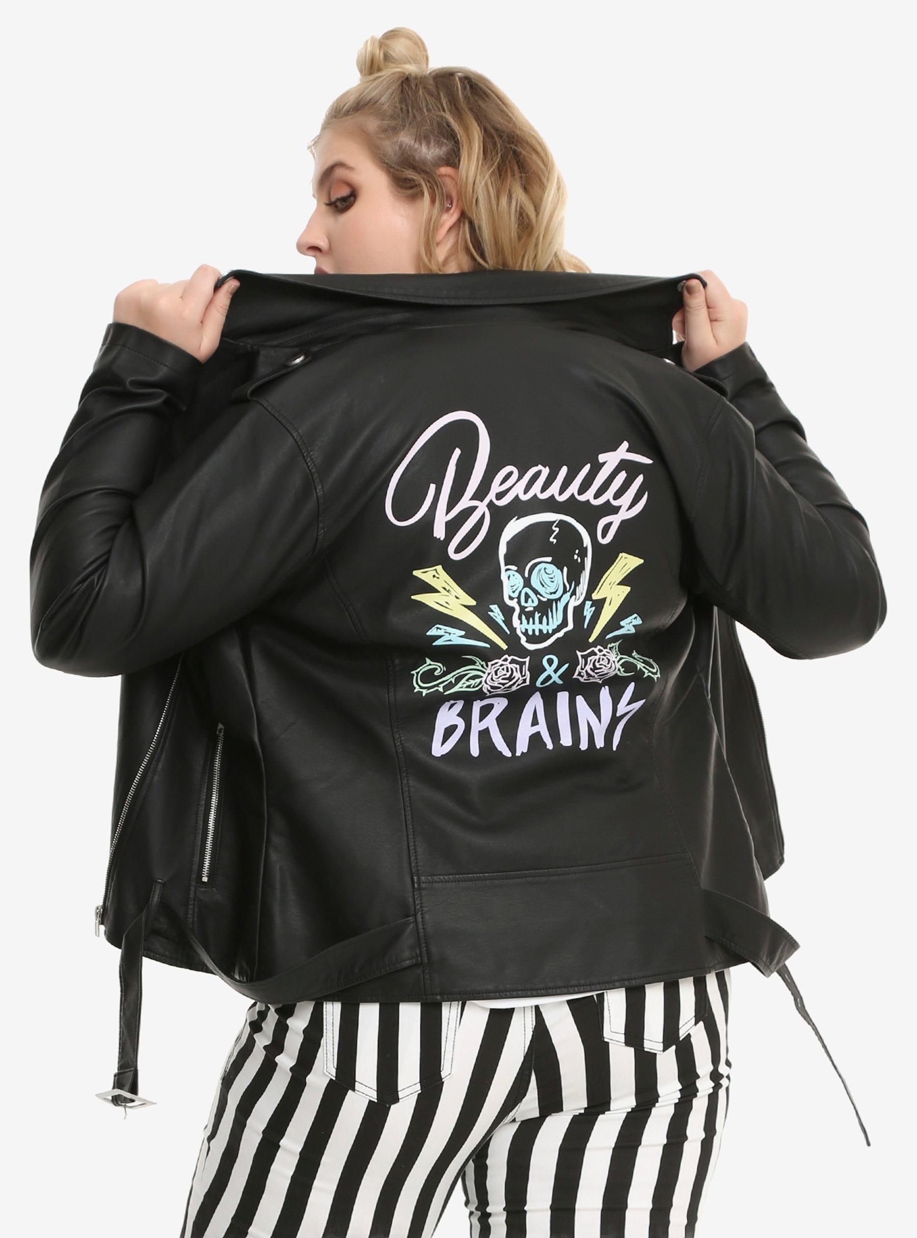 Beauty & Brains Painted Back Faux Leather Girls Moto Jacket Plus Size, BLACK, hi-res