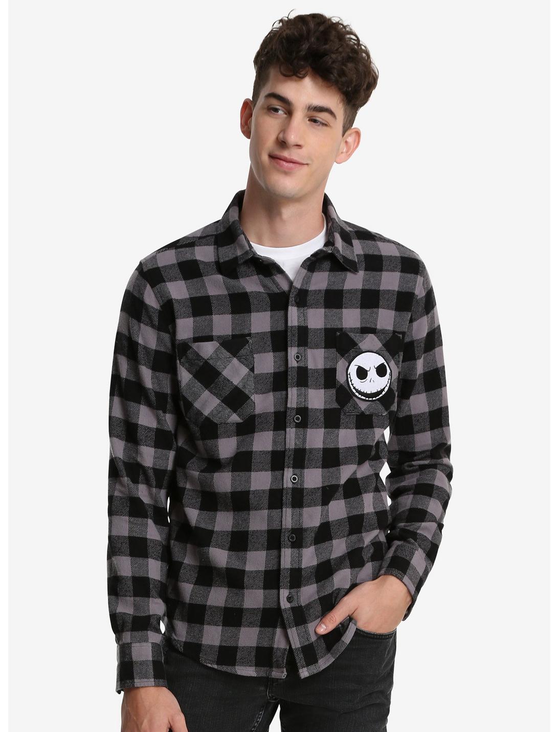 The Nightmare Before Christmas Flannel Woven Button-Up, BLACK, hi-res