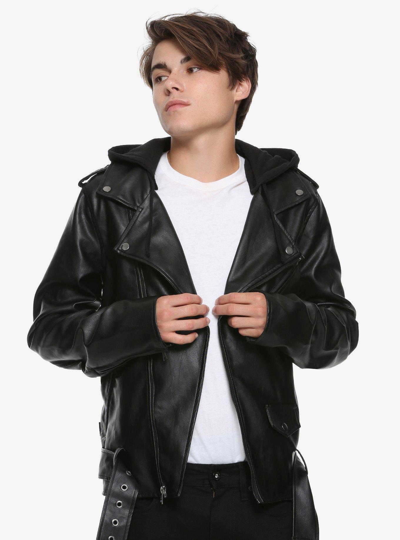 Black Faux Leather Motorcycle Hooded Jacket, BLACK, hi-res